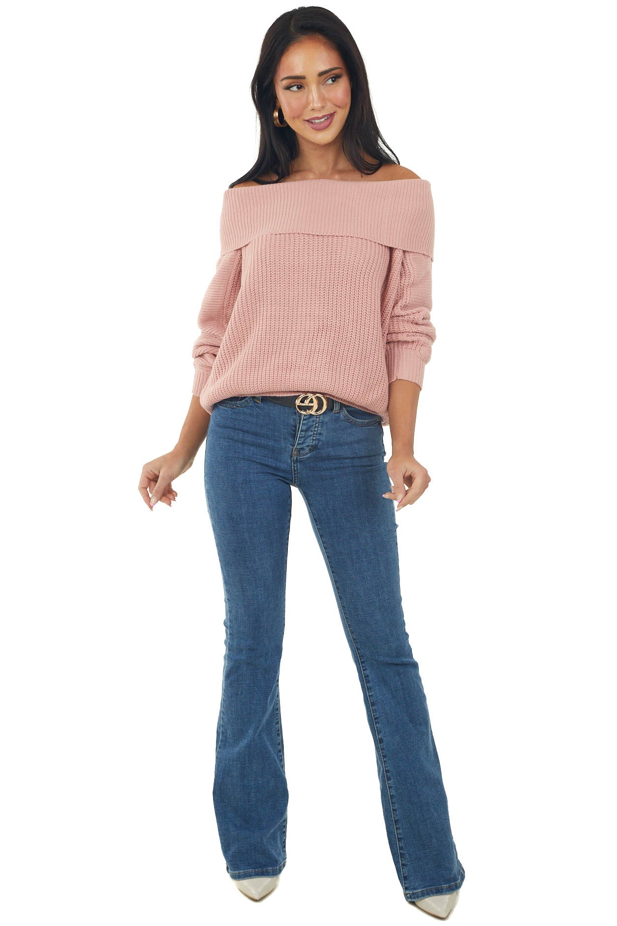 Dusty Blush Off Shoulder Long Sleeve Knit Sweater