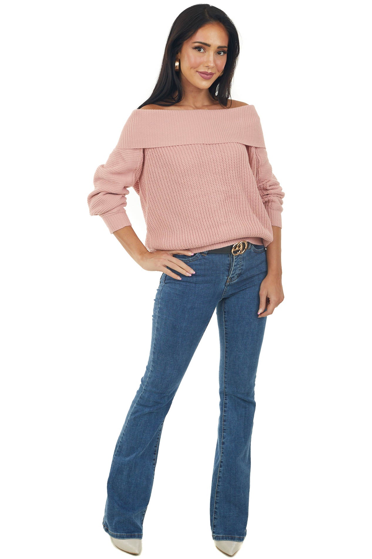Dusty Blush Off Shoulder Long Sleeve Knit Sweater
