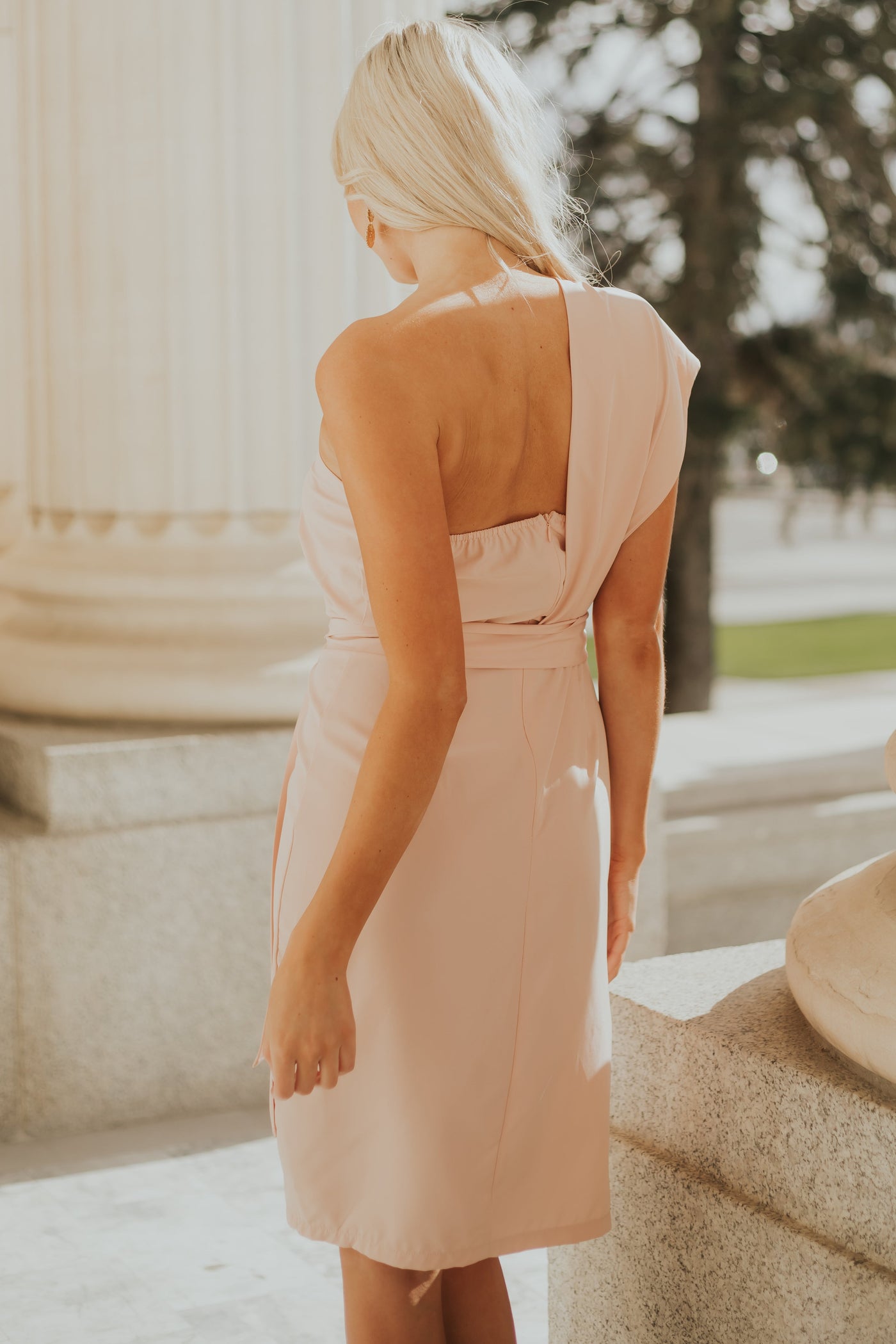 Dusty Blush One Shoulder Midi Dress with Waist Tie