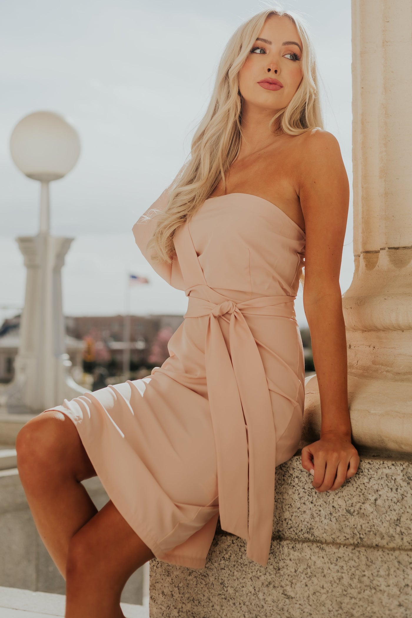Dusty Blush One Shoulder Midi Dress with Waist Tie
