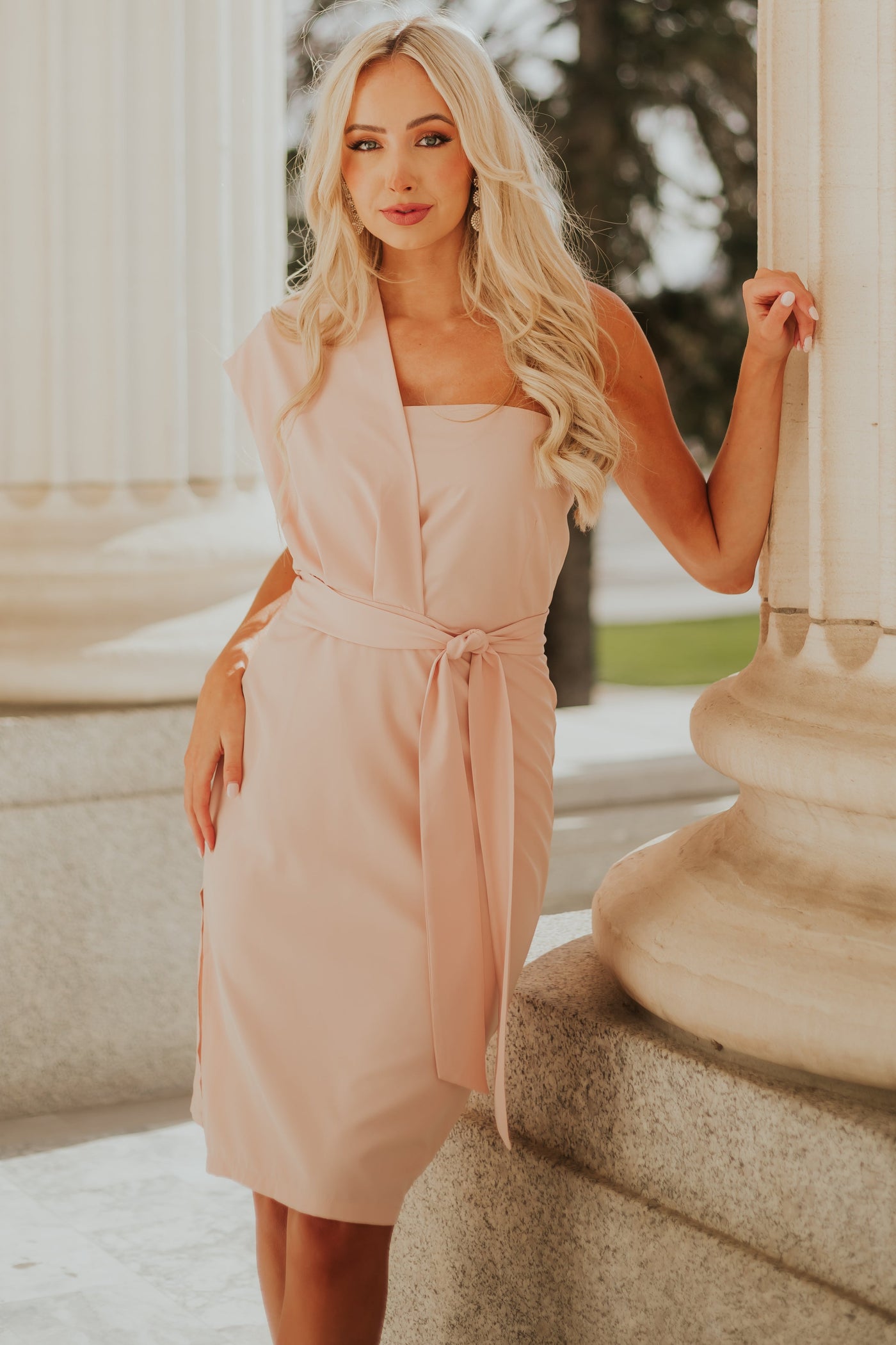 Dusty Blush One Shoulder Midi Dress with Waist Tie