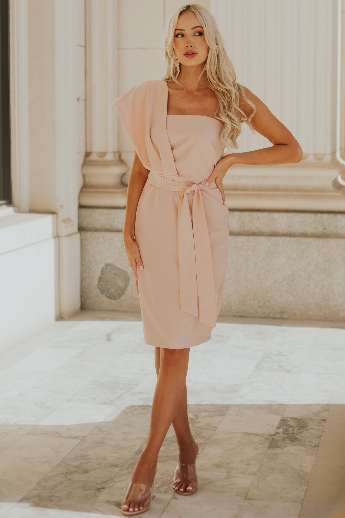 Dusty Blush One Shoulder Midi Dress with Waist Tie