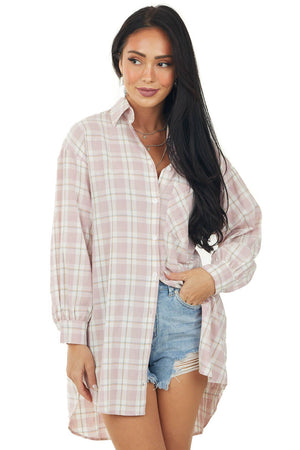 Dusty Blush Plaid Button Up Collard Oversized Top