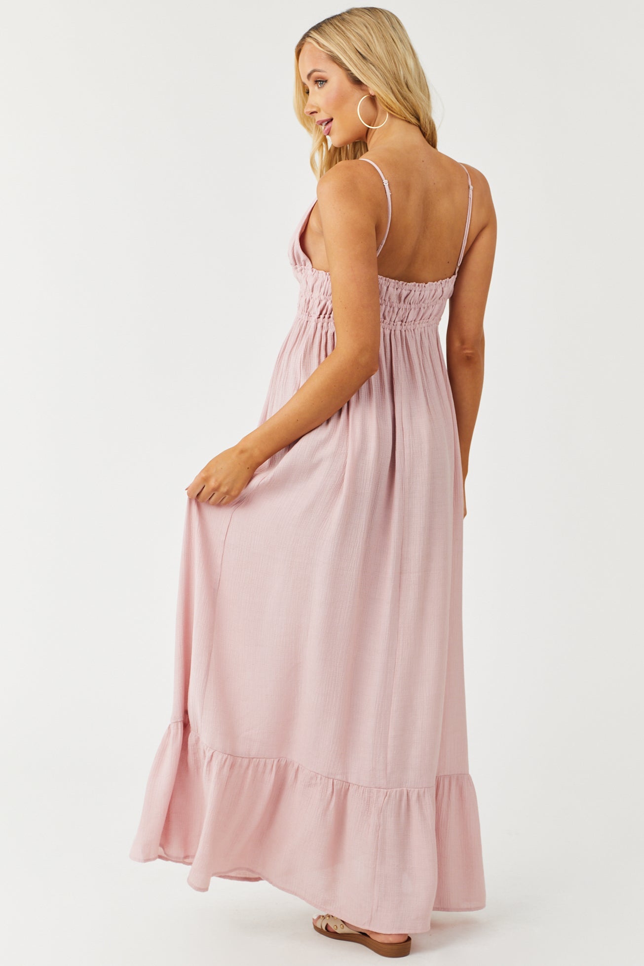 Dusty Blush Sleeveless V Neck Smocked Woven Maxi Dress