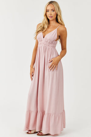 Dusty Blush Sleeveless V Neck Smocked Woven Maxi Dress