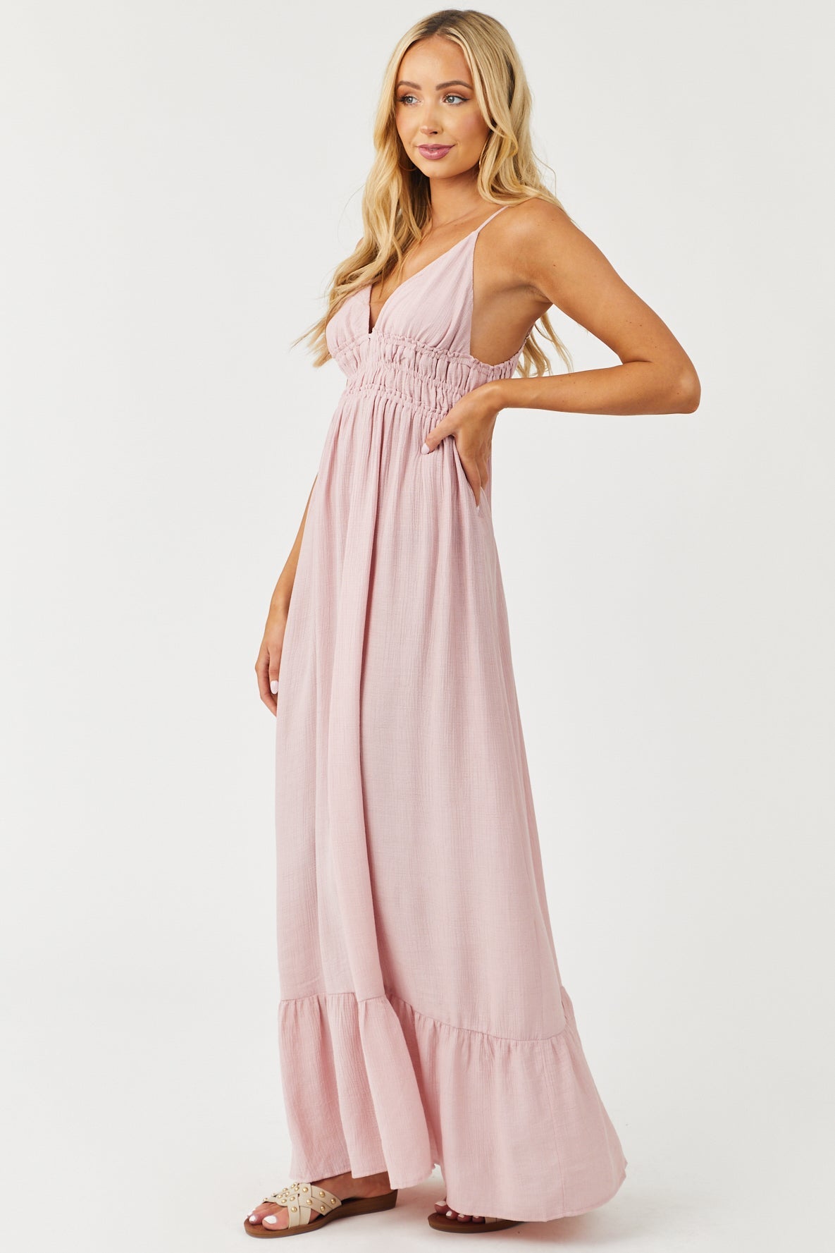 Dusty Blush Sleeveless V Neck Smocked Woven Maxi Dress
