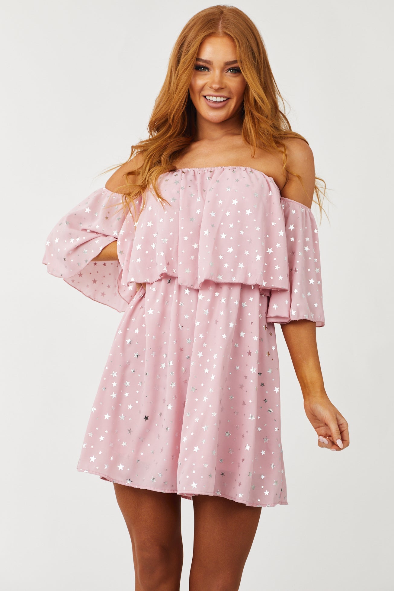 Dusty Blush Star Print Off Shoulder Mini Dress