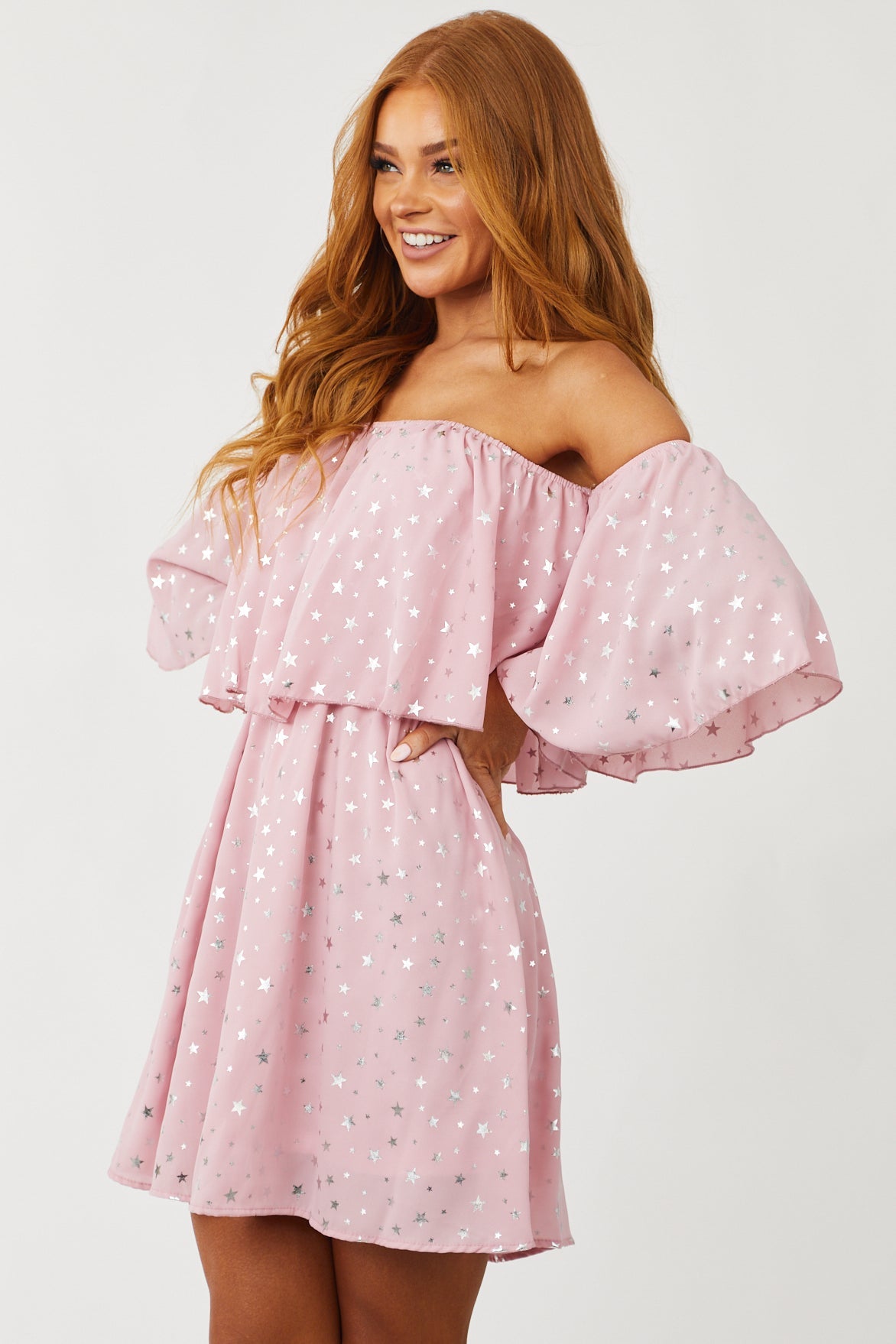 Dusty Blush Star Print Off Shoulder Mini Dress