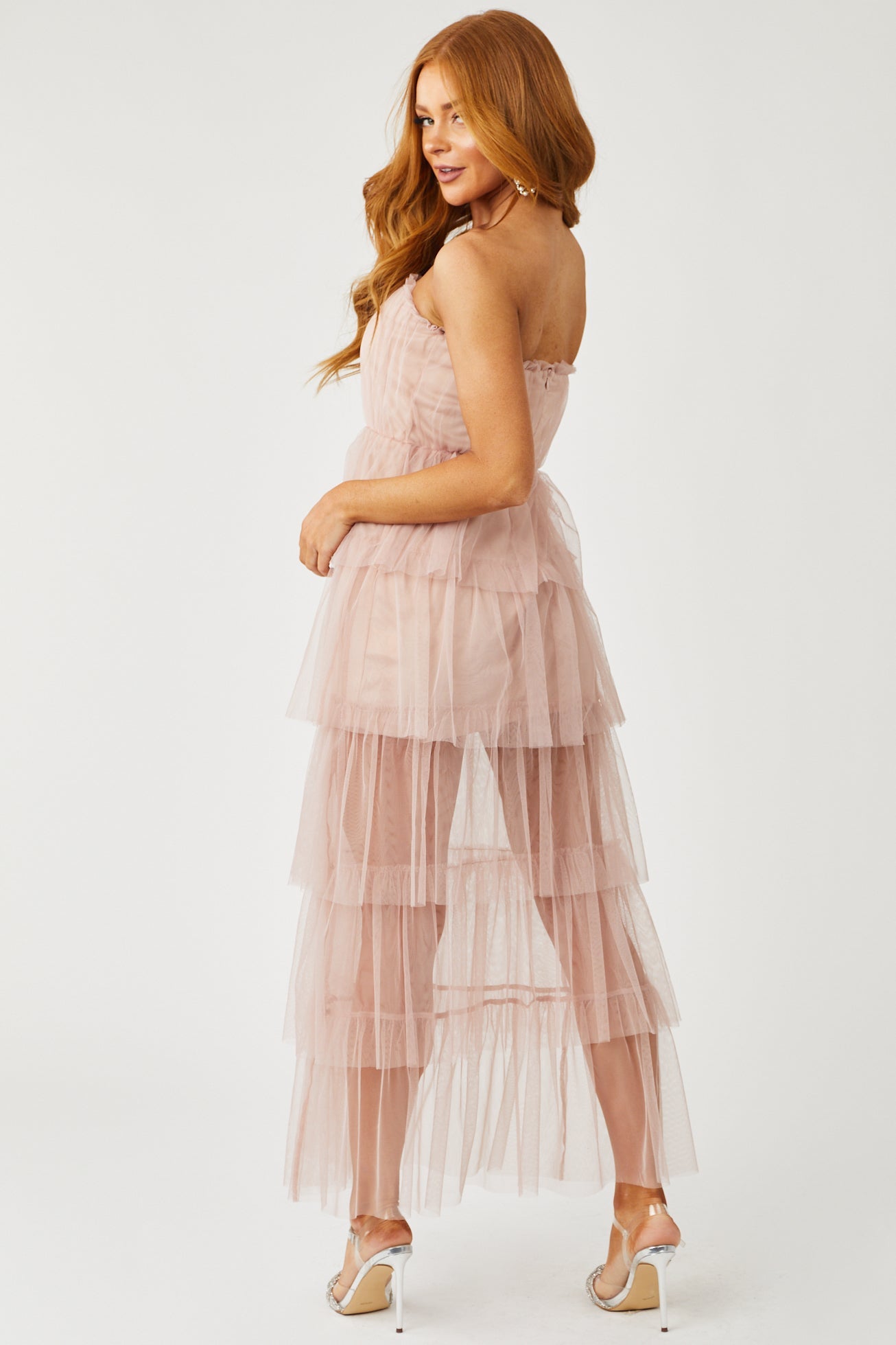 Dusty Blush Strapless Layered Tulle Maxi Dress