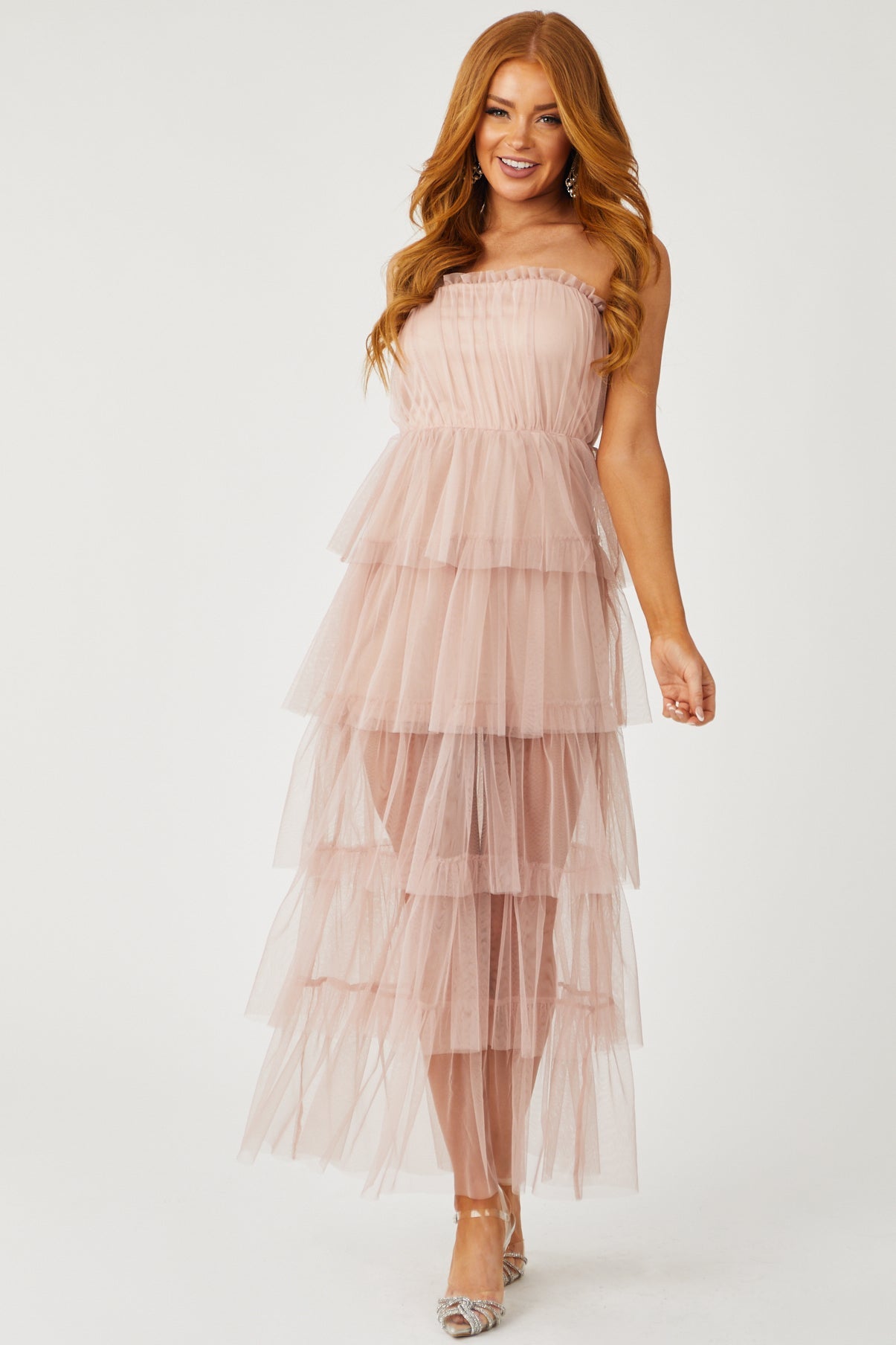 Dusty Blush Strapless Layered Tulle Maxi Dress