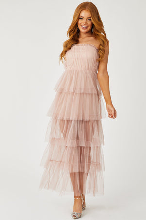 Dusty Blush Strapless Layered Tulle Maxi Dress
