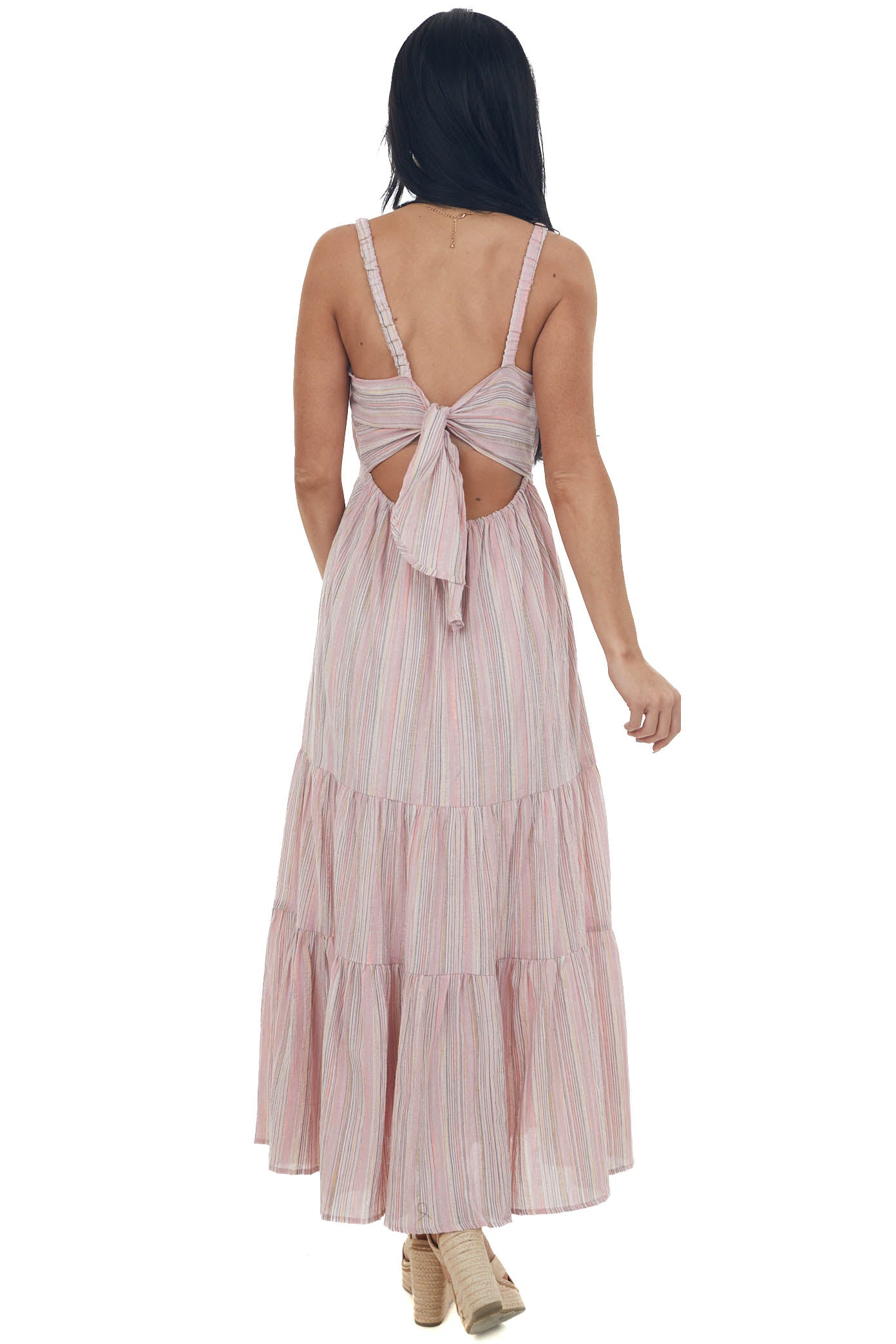 Dusty Blush Striped Back Tie Tiered Maxi Dress