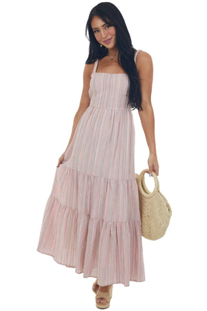 Dusty Blush Striped Back Tie Tiered Maxi Dress
