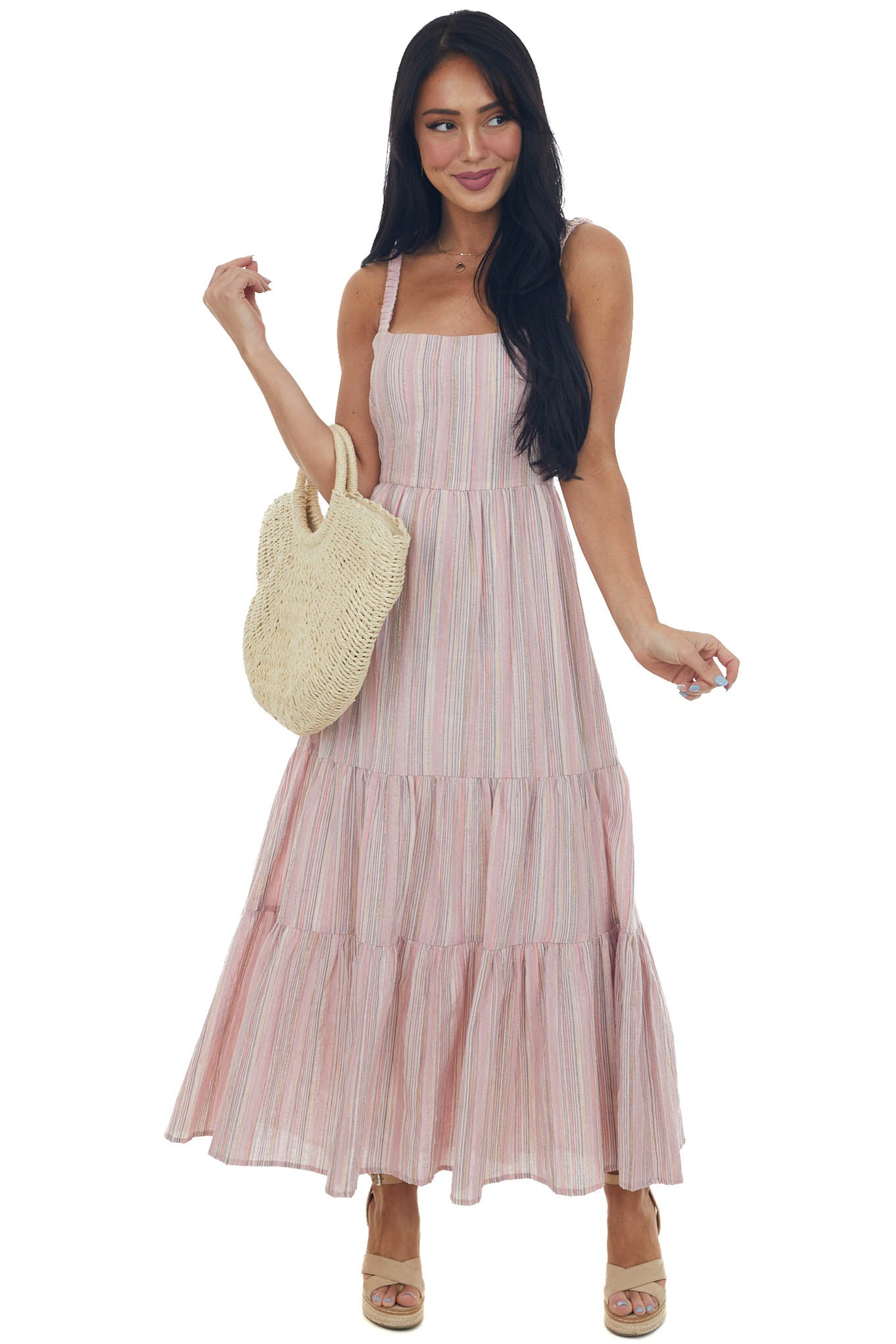 Dusty Blush Striped Back Tie Tiered Maxi Dress