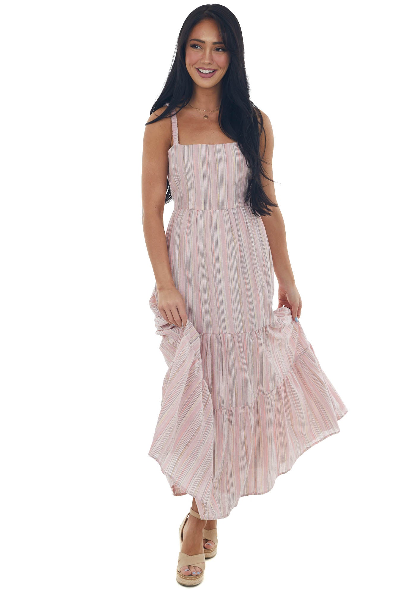 Dusty Blush Striped Back Tie Tiered Maxi Dress