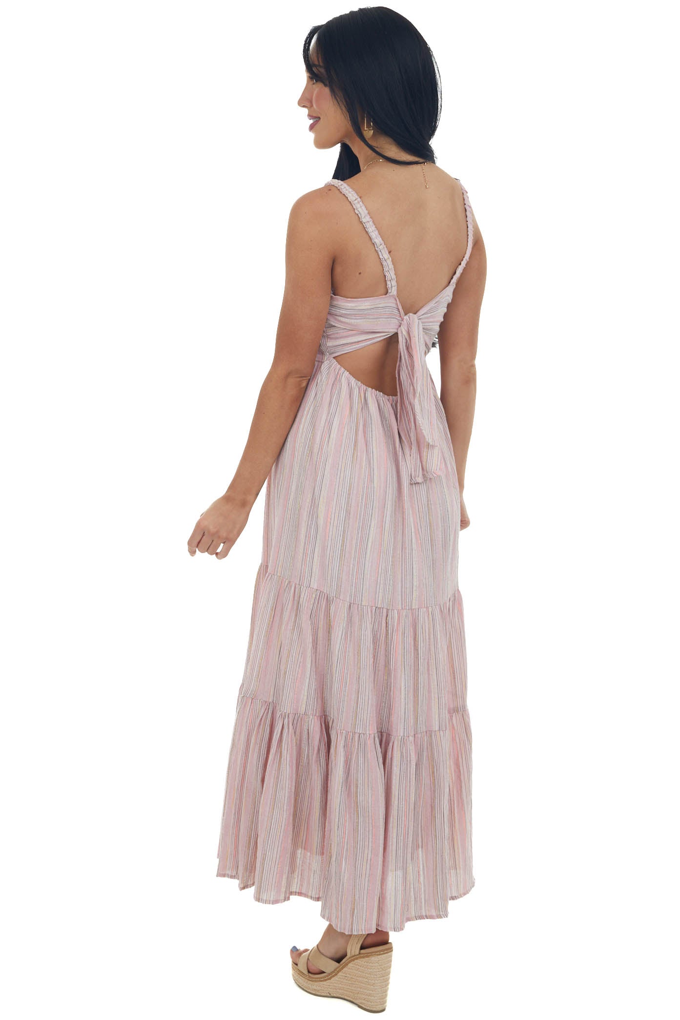 Dusty Blush Striped Back Tie Tiered Maxi Dress