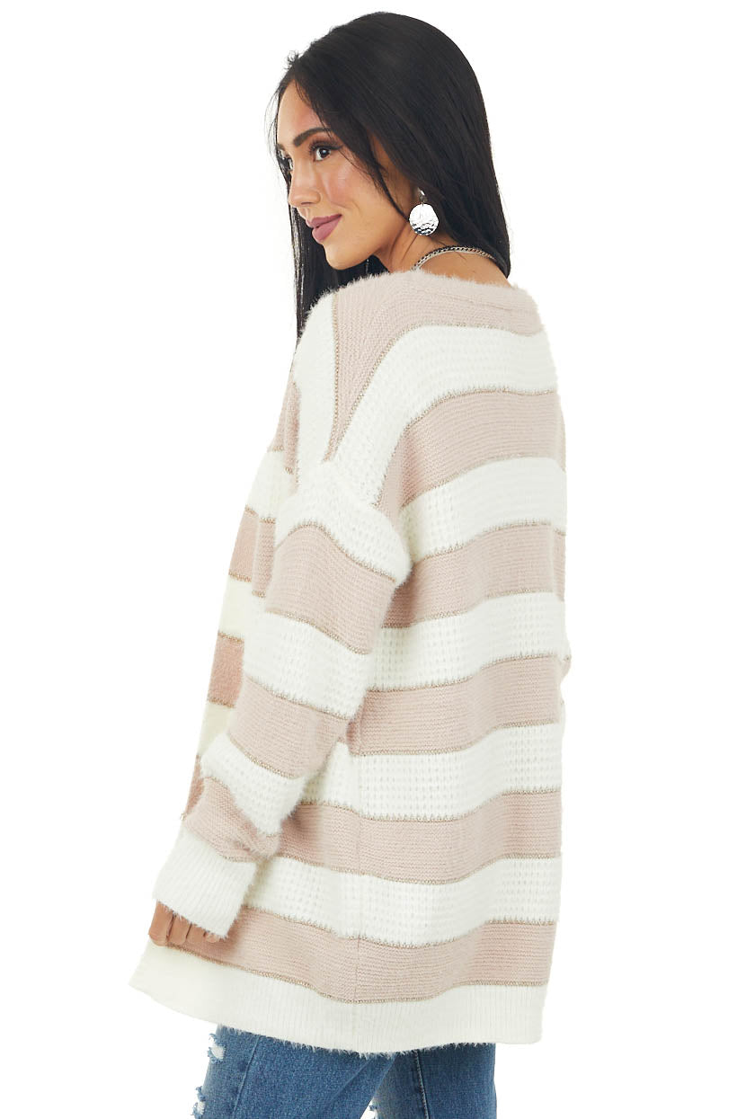 Dusty Blush Striped Metallic Detailed Cardigan