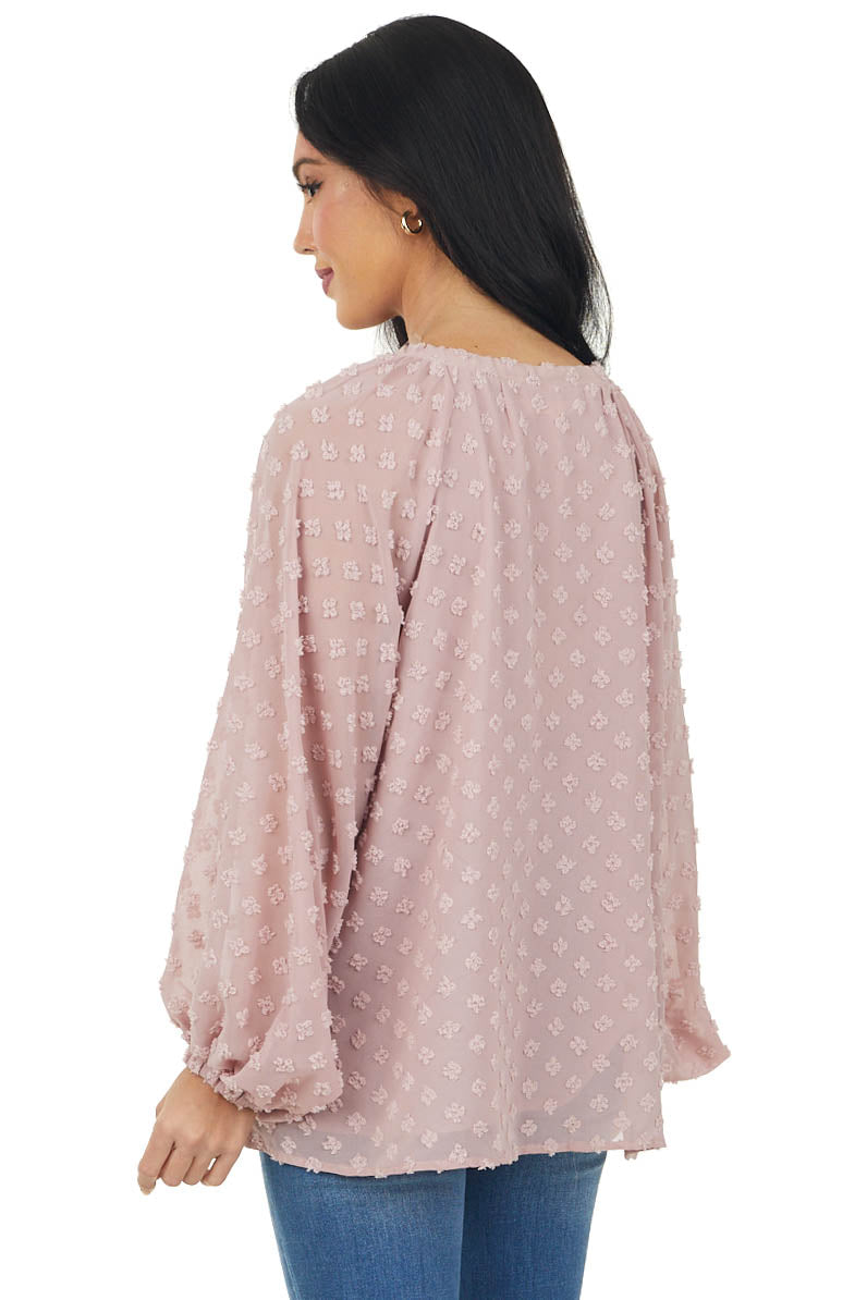 Dusty Blush Swiss Dot Tie Notch Neck Woven Top