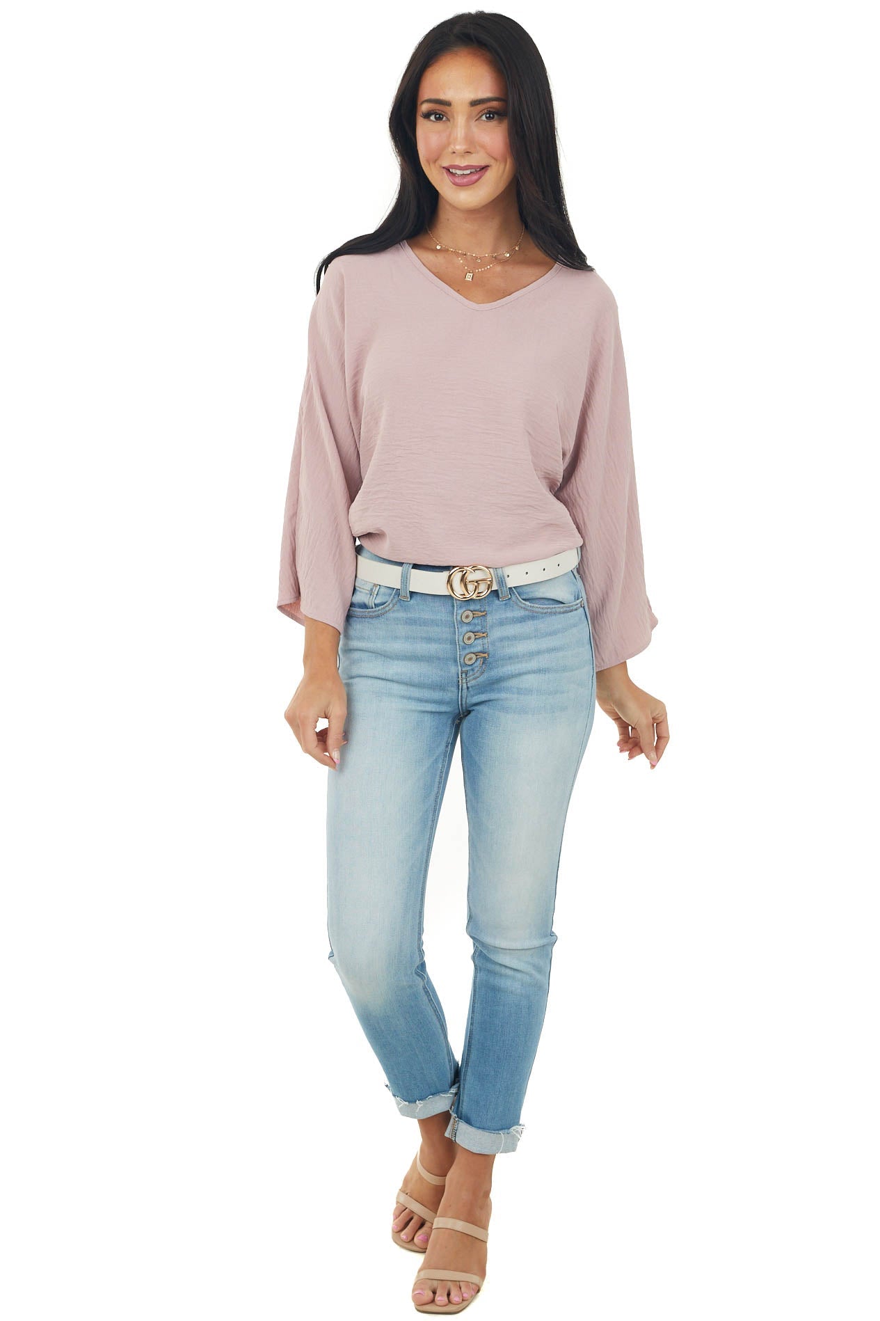 Dusty Blush V Neckline Linen Textured Woven Top