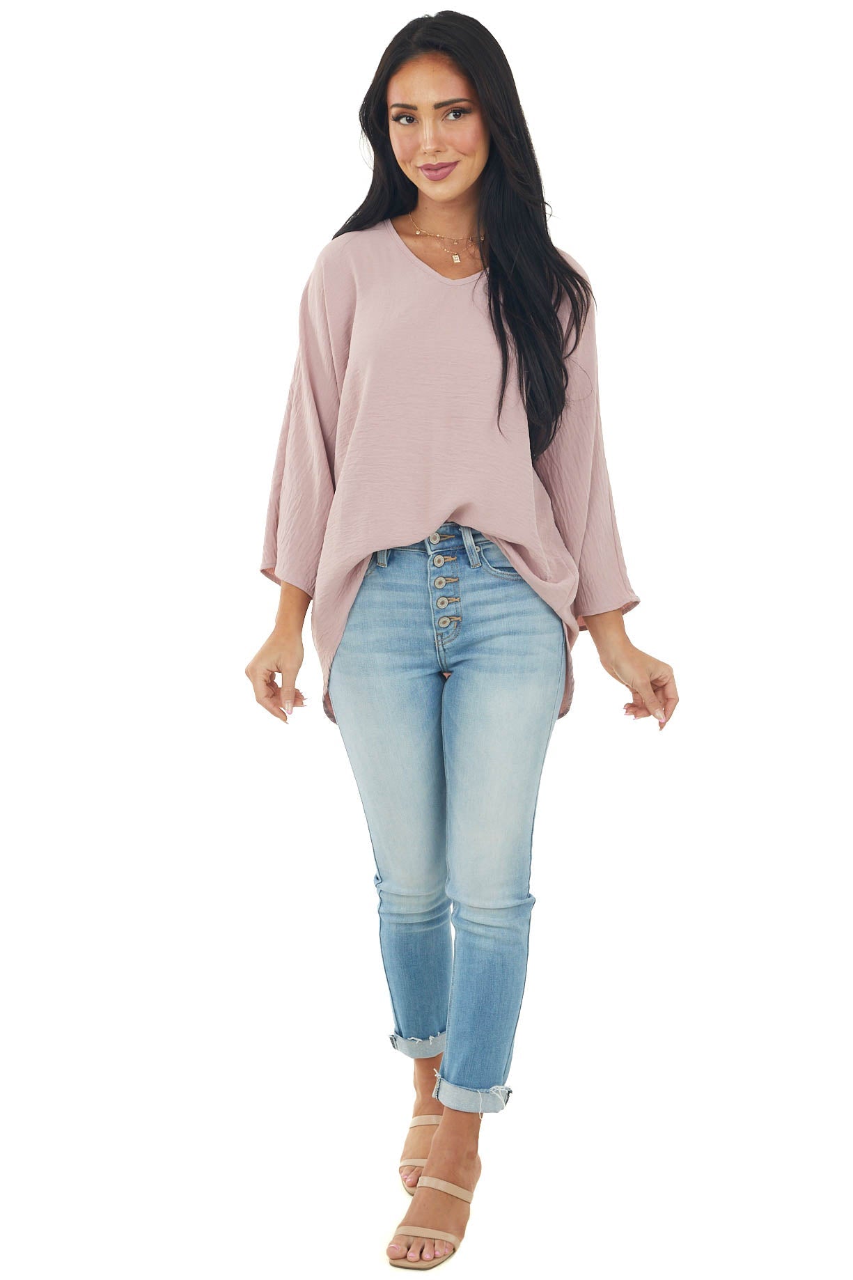 Dusty Blush V Neckline Linen Textured Woven Top