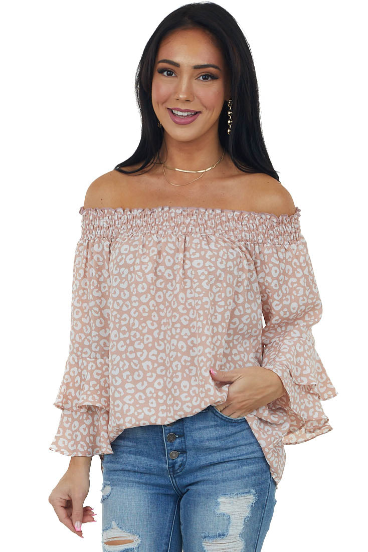 Dusty Blush and Ivory Leopard Print Off the Shoulder Blouse