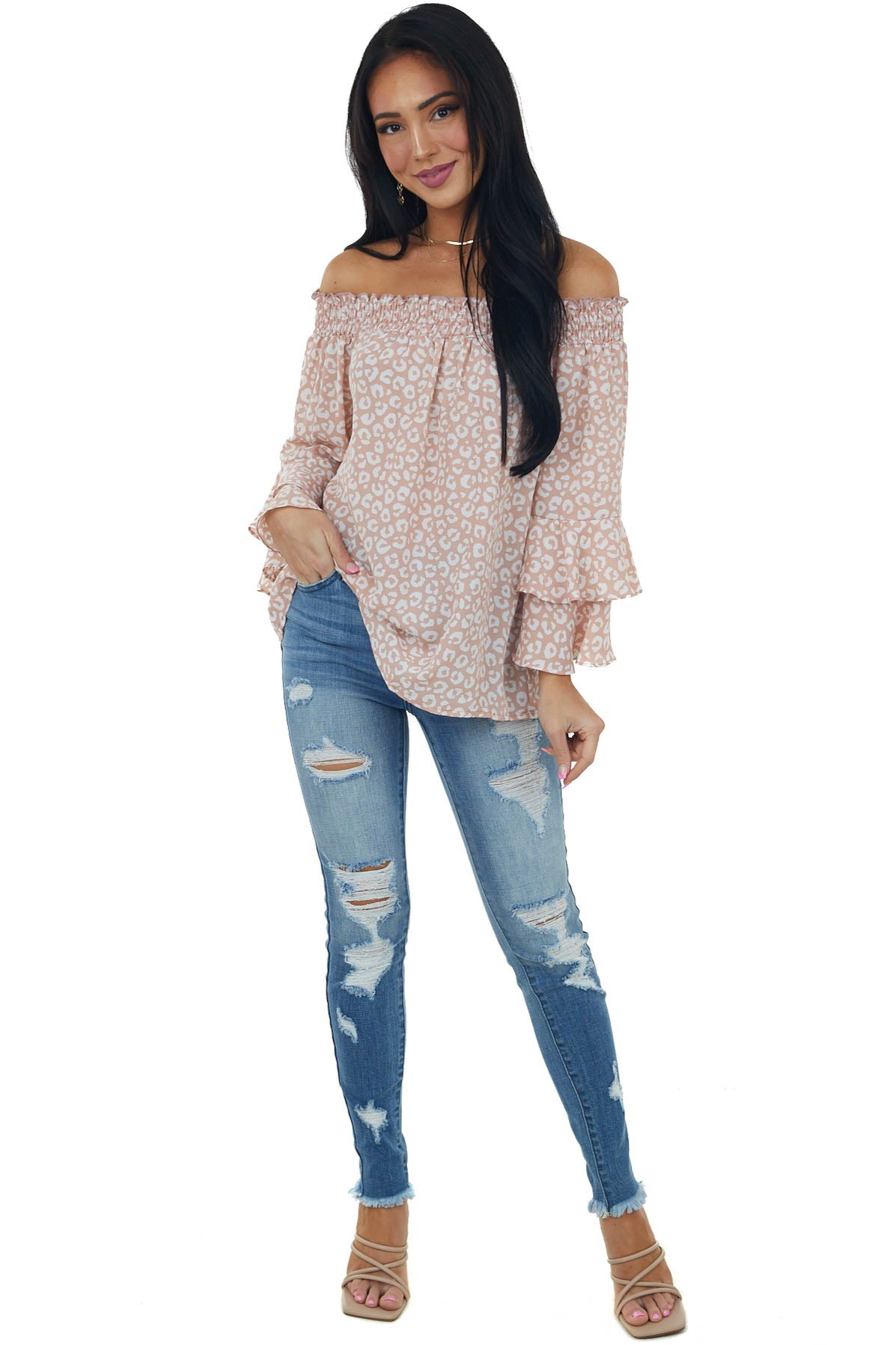Dusty Blush and Ivory Leopard Print Off the Shoulder Blouse