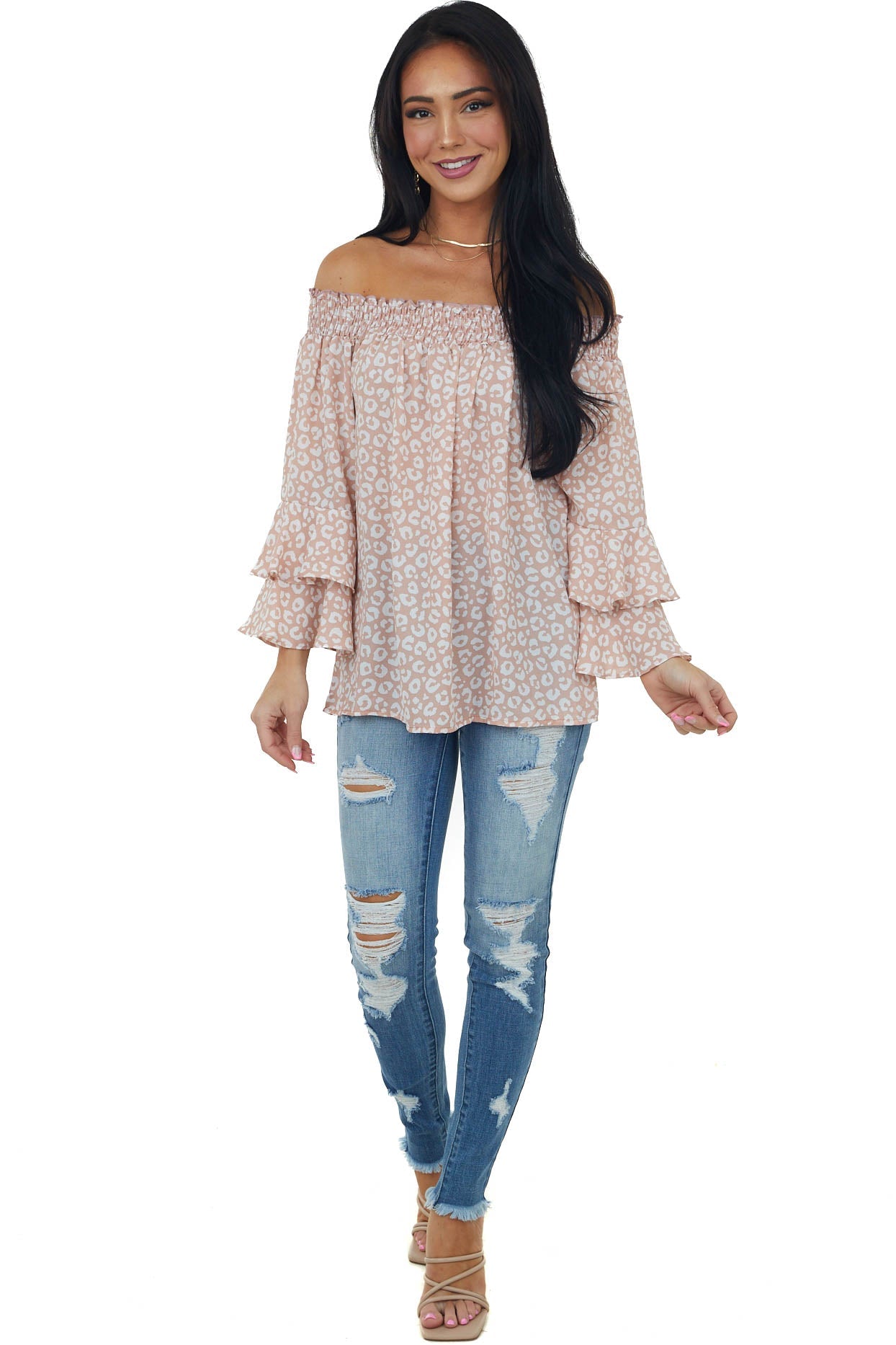 Dusty Blush and Ivory Leopard Print Off the Shoulder Blouse