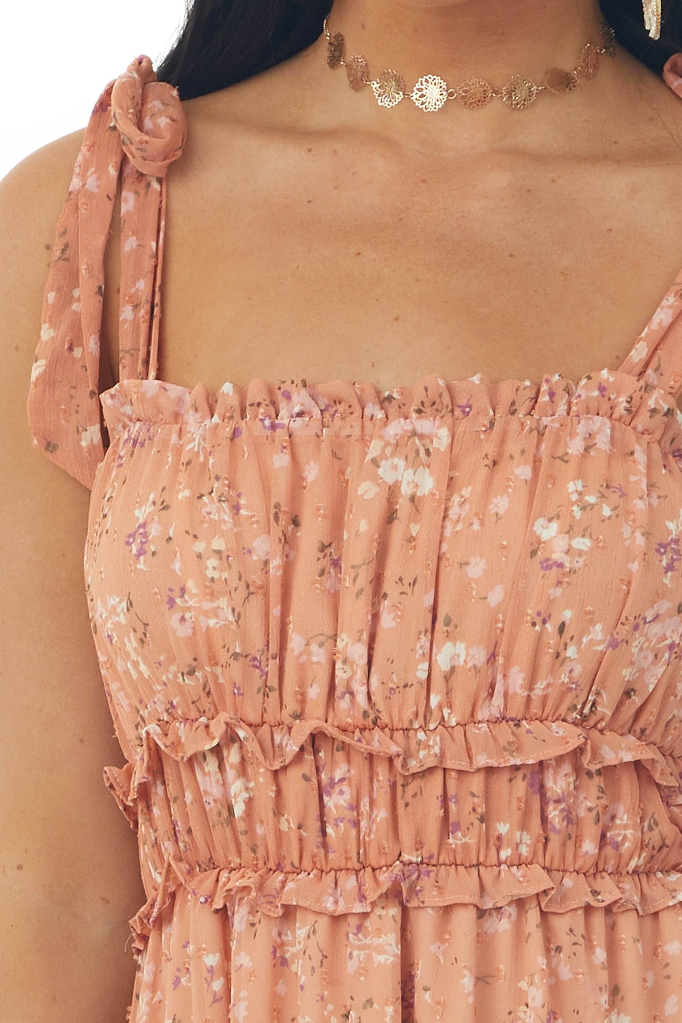 Dusty Coral Floral Print Ruched Swiss Dot Dress