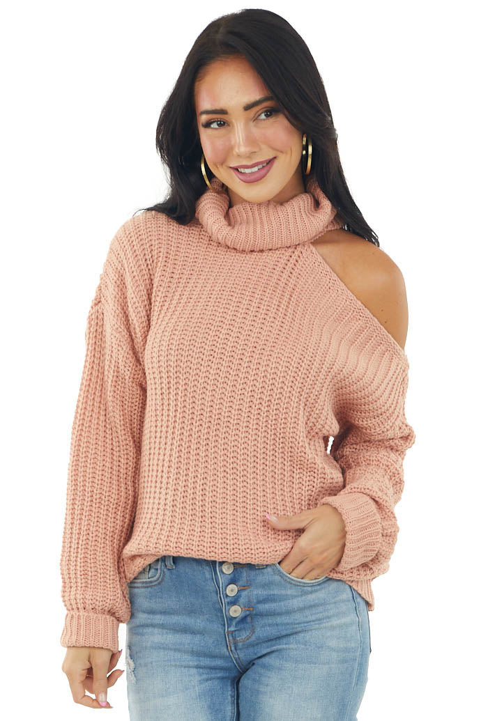 Dusty Coral Long Sleeve Knit Sweater with Cold Shoulder