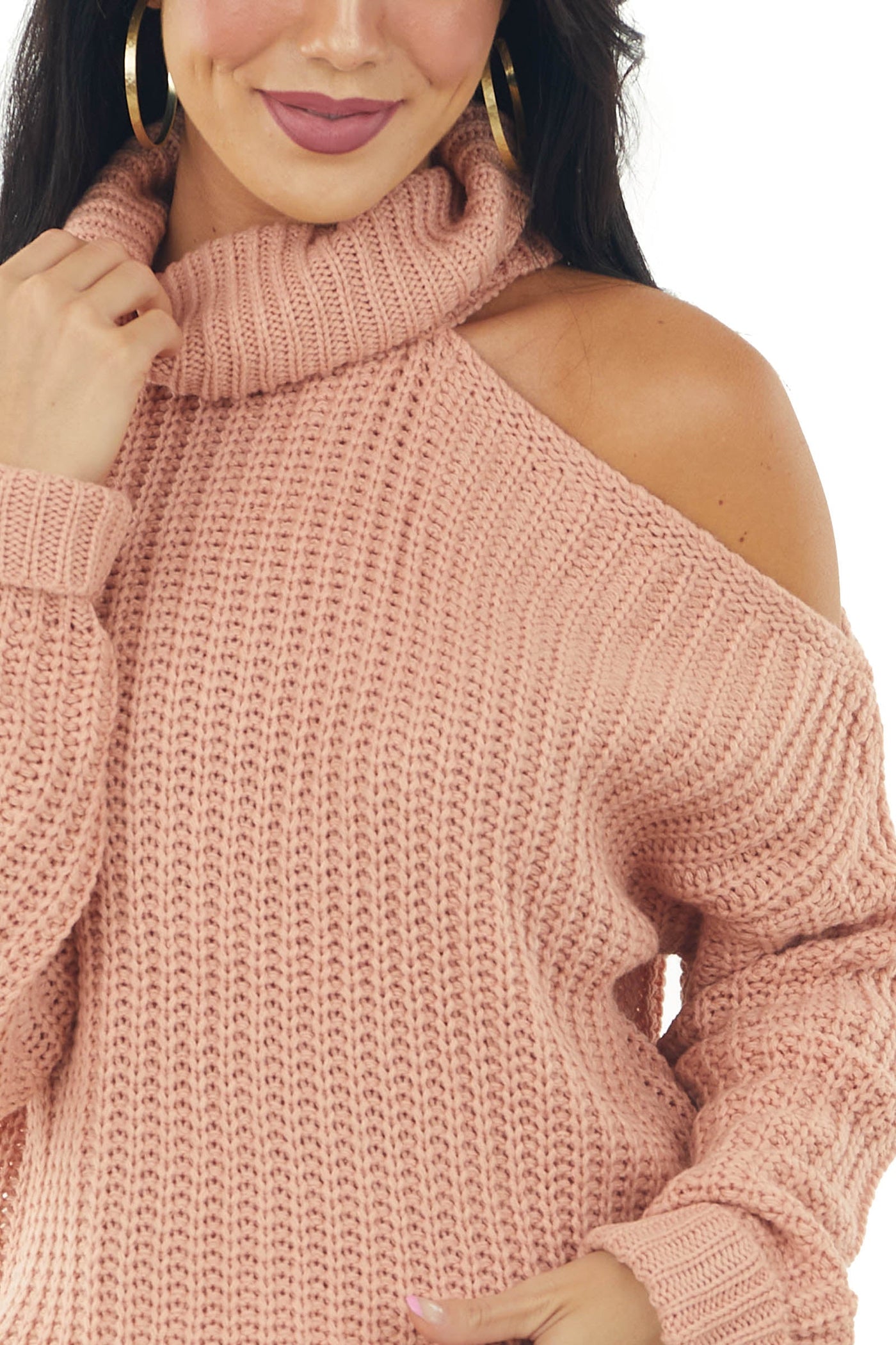 Dusty Coral Long Sleeve Knit Sweater with Cold Shoulder
