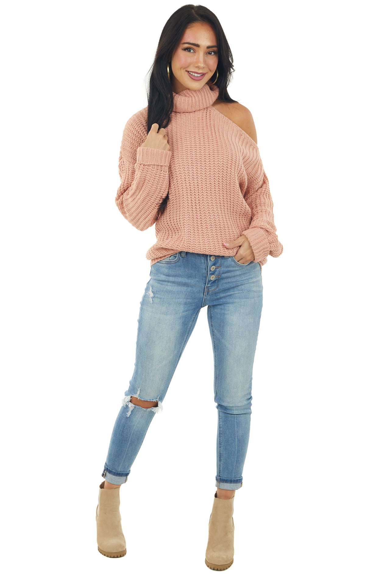 Dusty Coral Long Sleeve Knit Sweater with Cold Shoulder