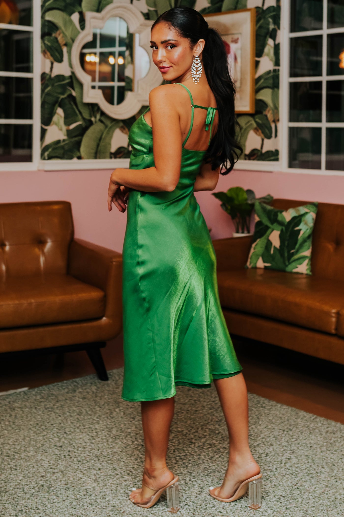 Dusty Green Sheen Spaghetti Strap Midi Dress