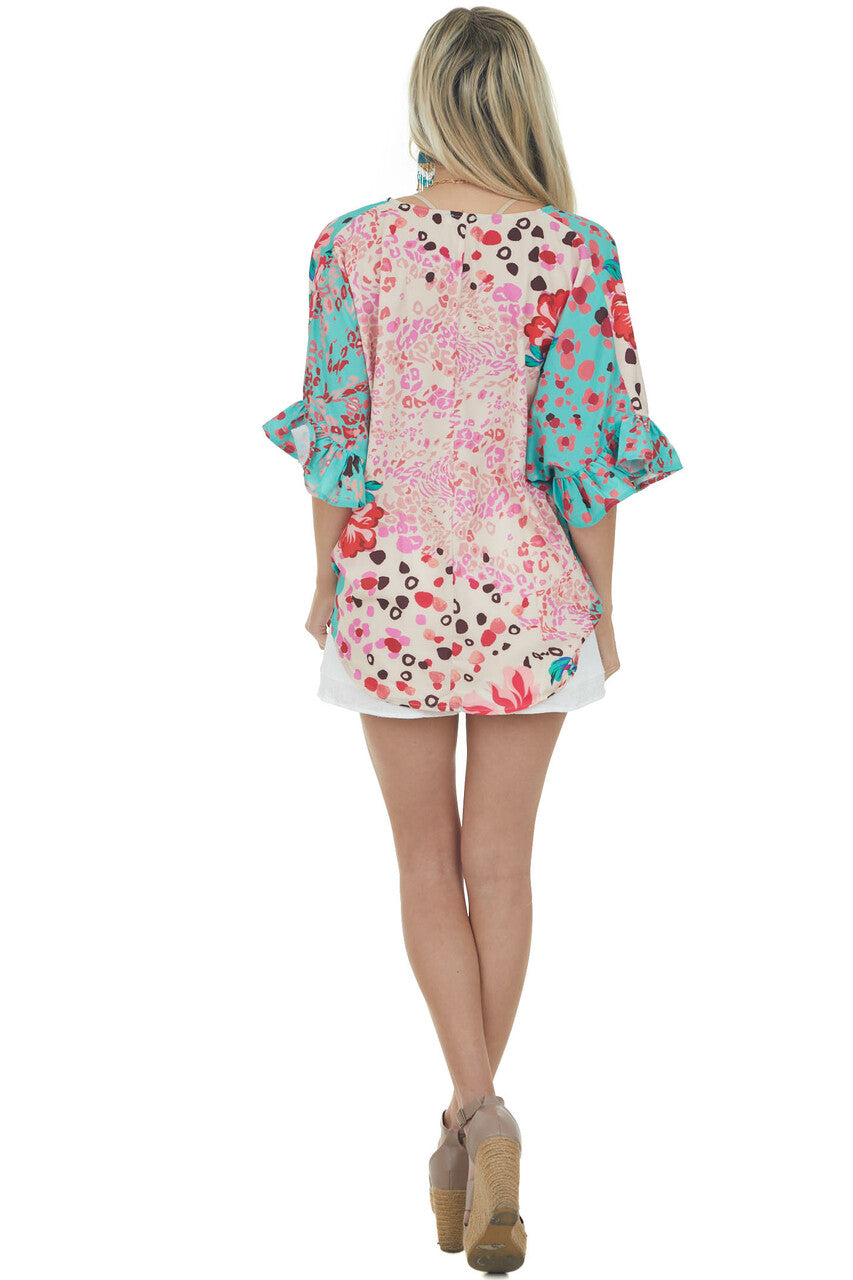 Dusty Kelly Green Multiprint Short Sleeve Surplice Top 