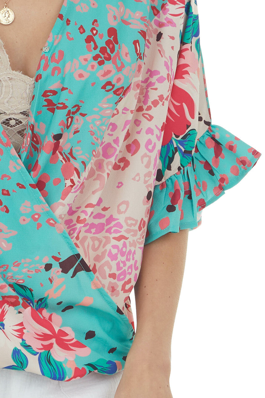 Dusty Kelly Green Multiprint Short Sleeve Surplice Top 