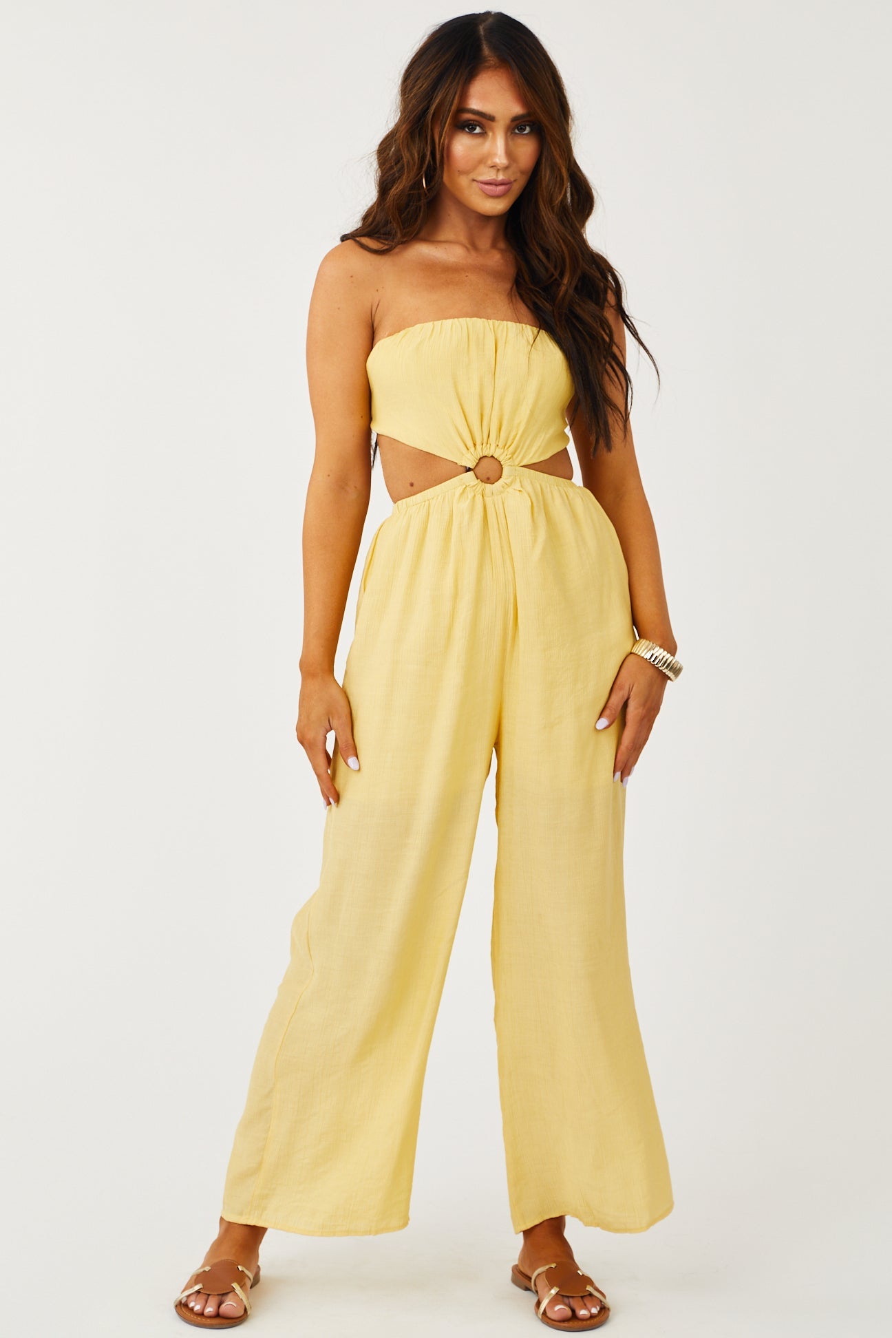 Dusty Lemon Strapless Waist Cut Out Jumpsuit