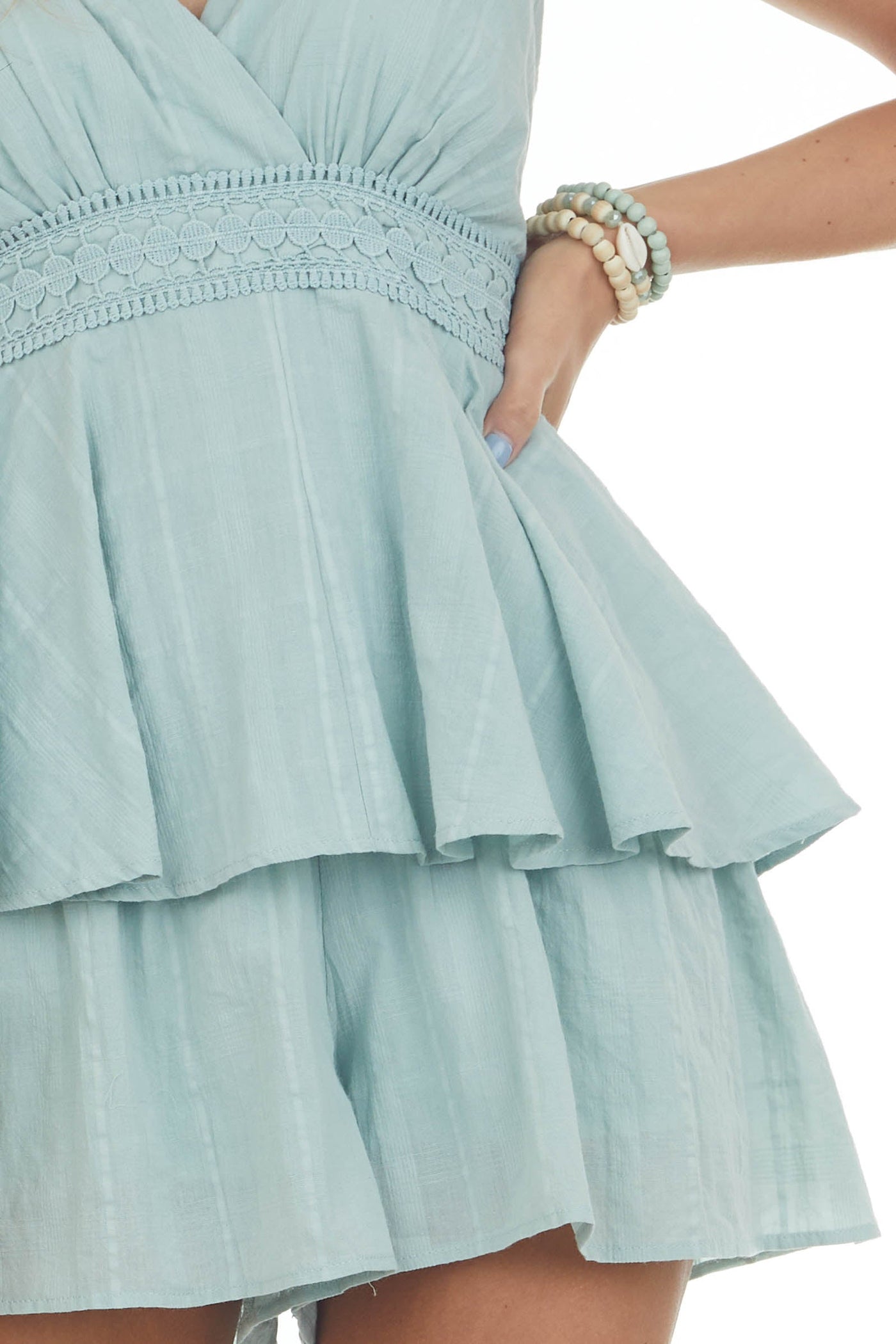 Dusty Mint Surplice Tiered Sleeveless Romper