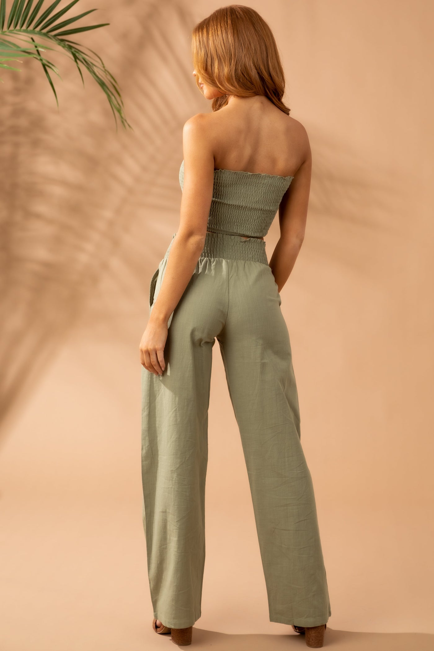 Dusty Olive Linen Bandeau and Pants 2 Piece Set