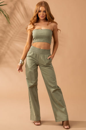 Dusty Olive Linen Bandeau and Pants 2 Piece Set