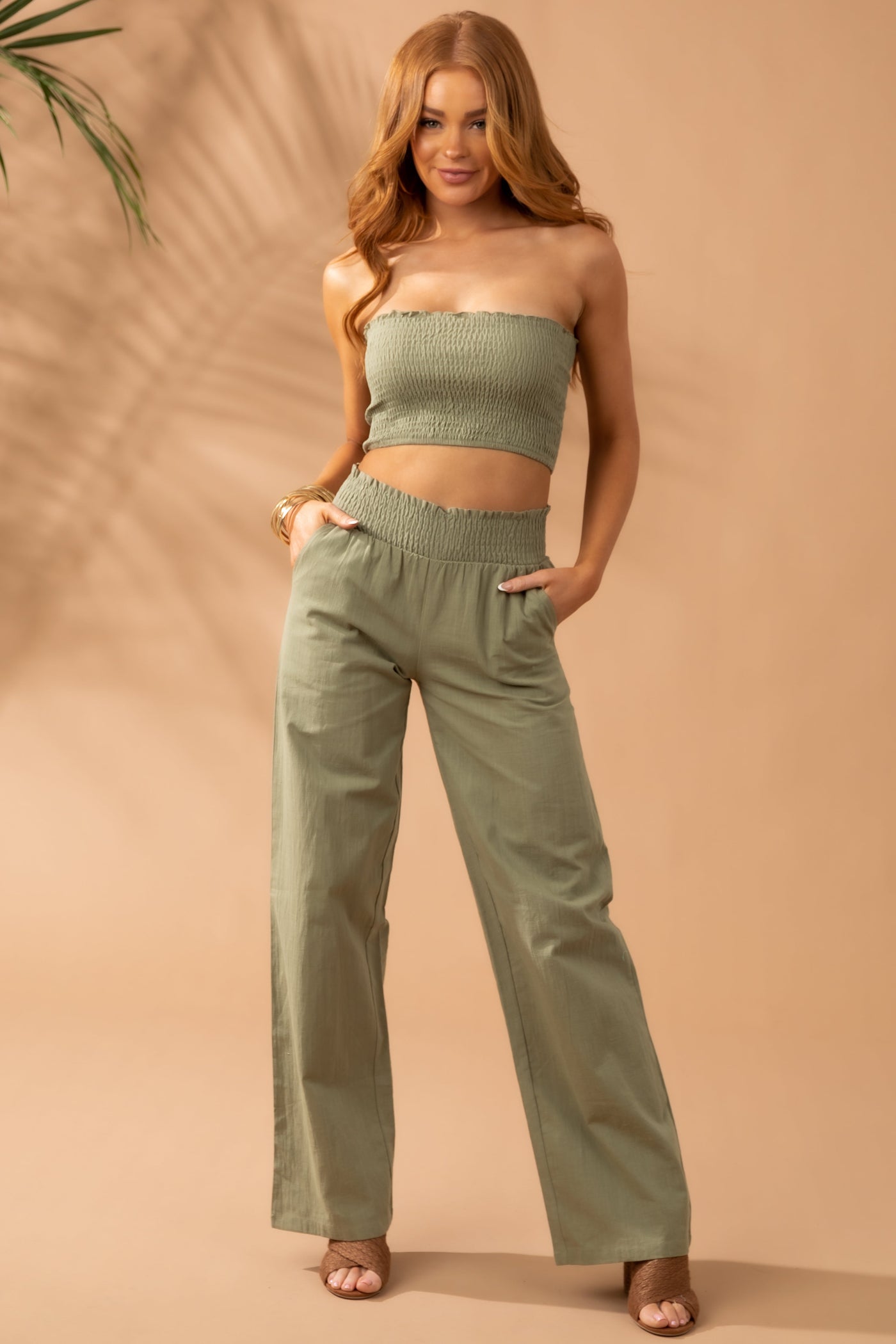 Dusty Olive Linen Bandeau and Pants 2 Piece Set