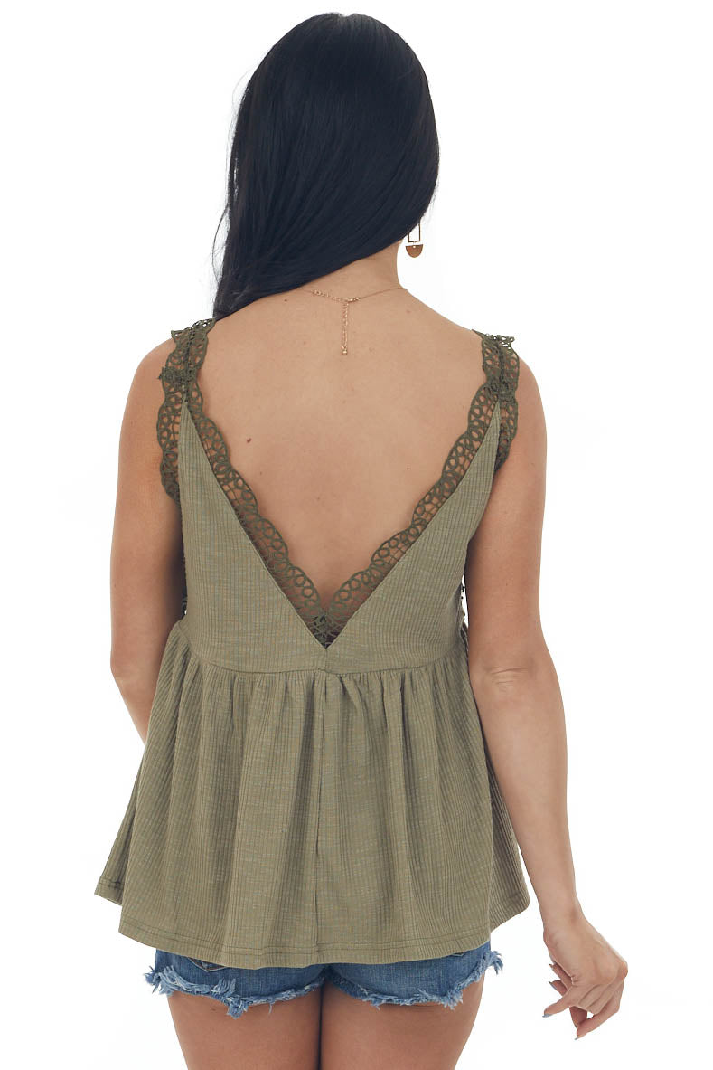 Dusty Olive V Neck Tank Top with Crochet Lace Trim