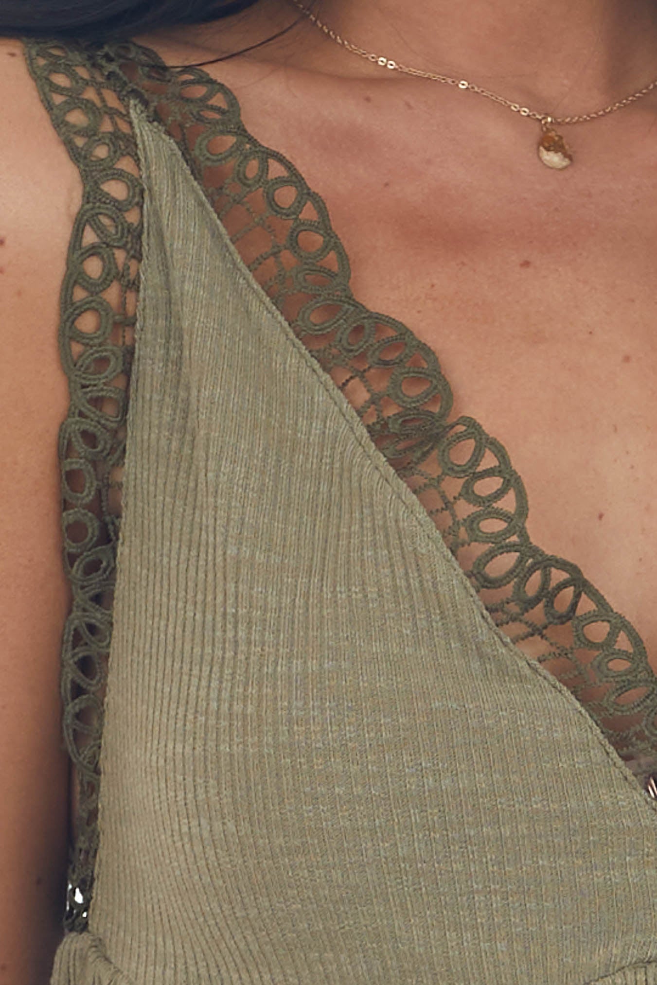 Dusty Olive V Neck Tank Top with Crochet Lace Trim