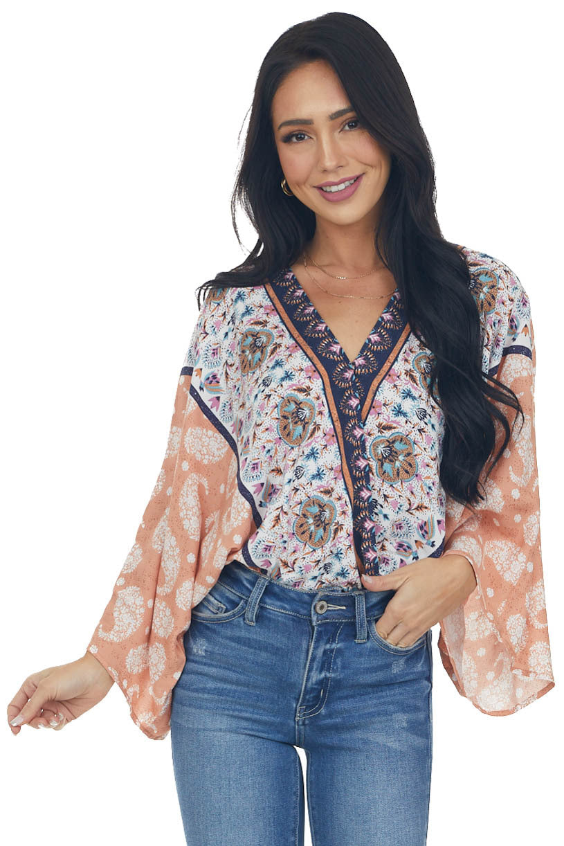 Dusty Peach Multiprint Surplice Bodysuit 