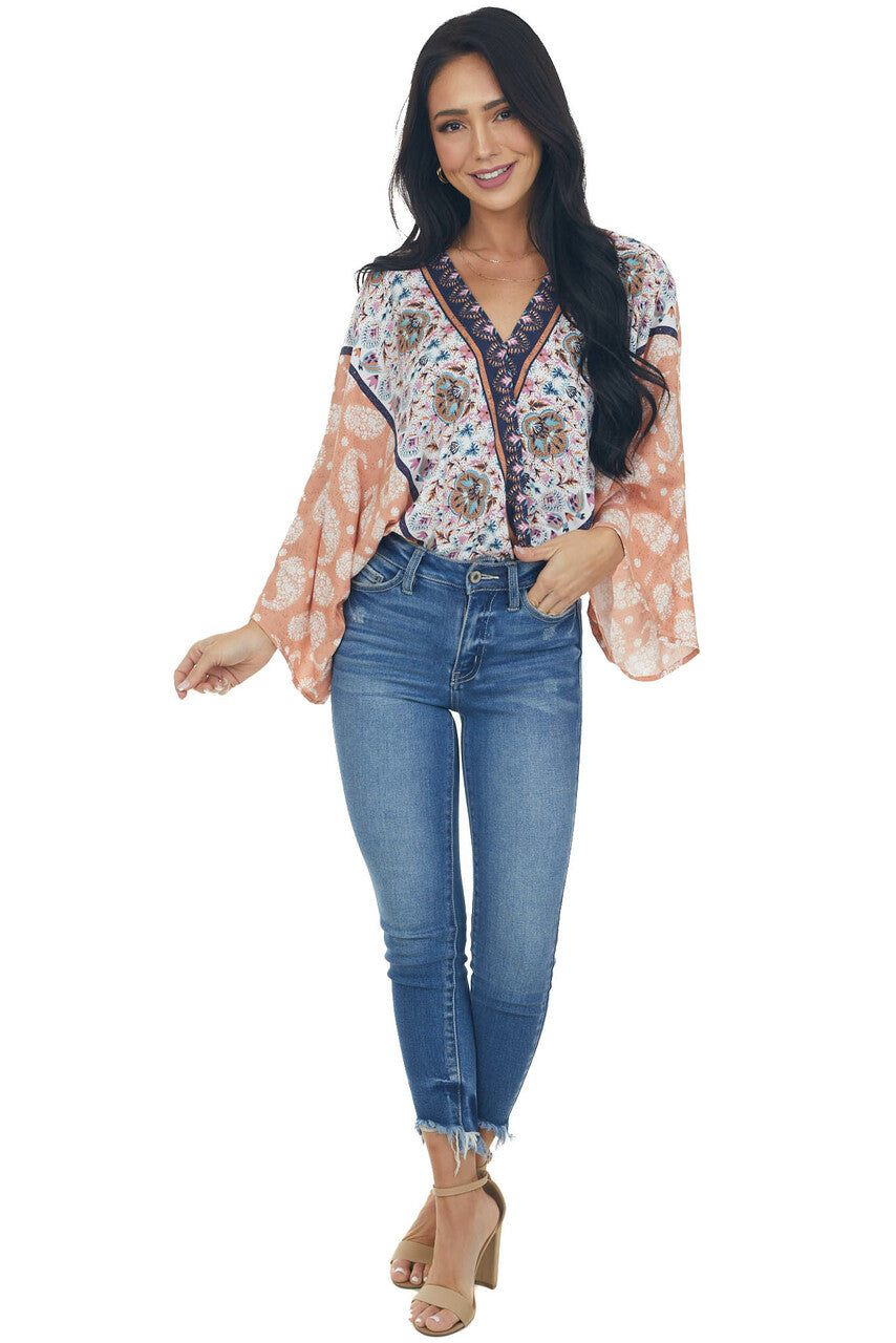 Dusty Peach Multiprint Surplice Bodysuit 