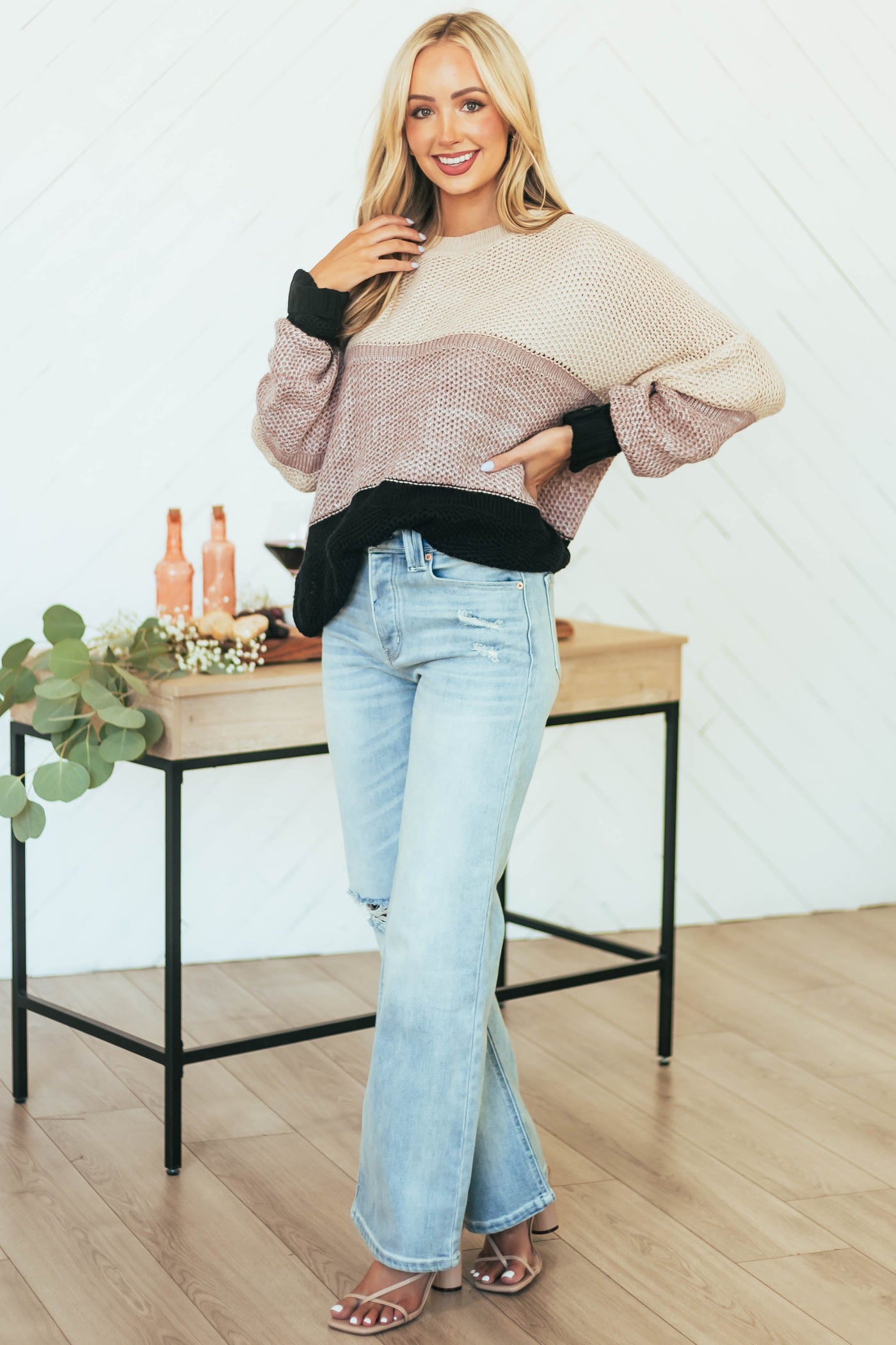 Dusty Rose Colorblock Drop Shoulder Sweater