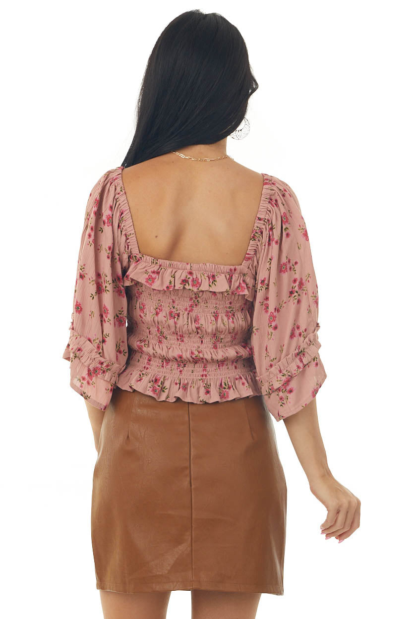Dusty Rose Floral Print 3/4 Sleeve Smocked Bodice Crop Top
