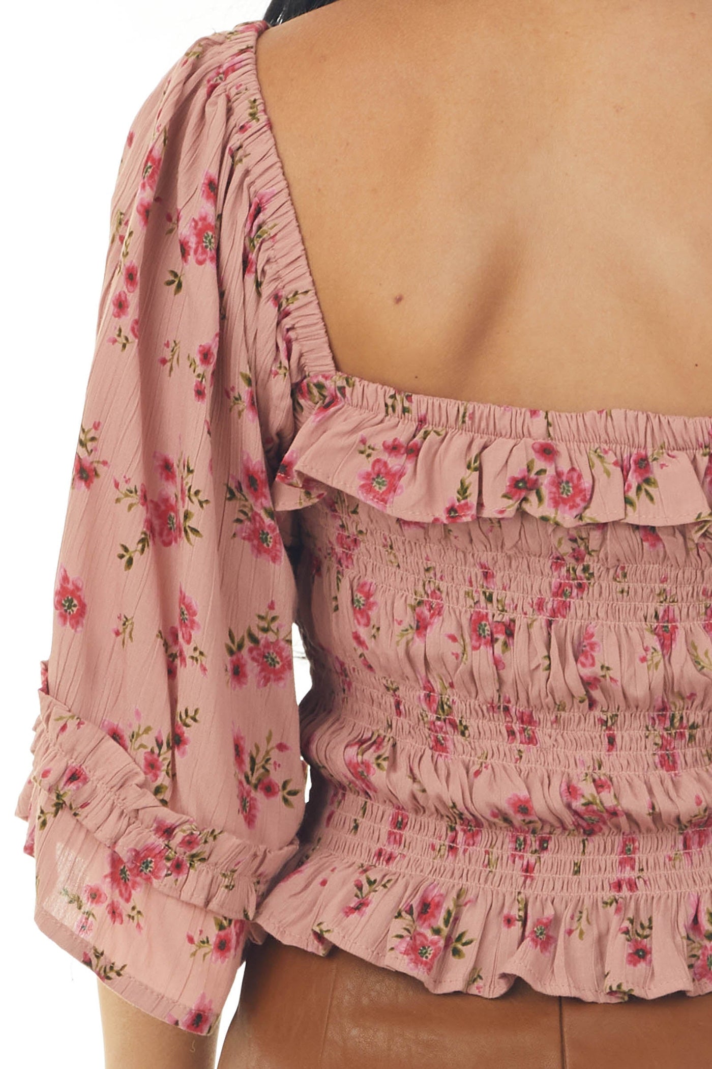 Dusty Rose Floral Print 3/4 Sleeve Smocked Bodice Crop Top