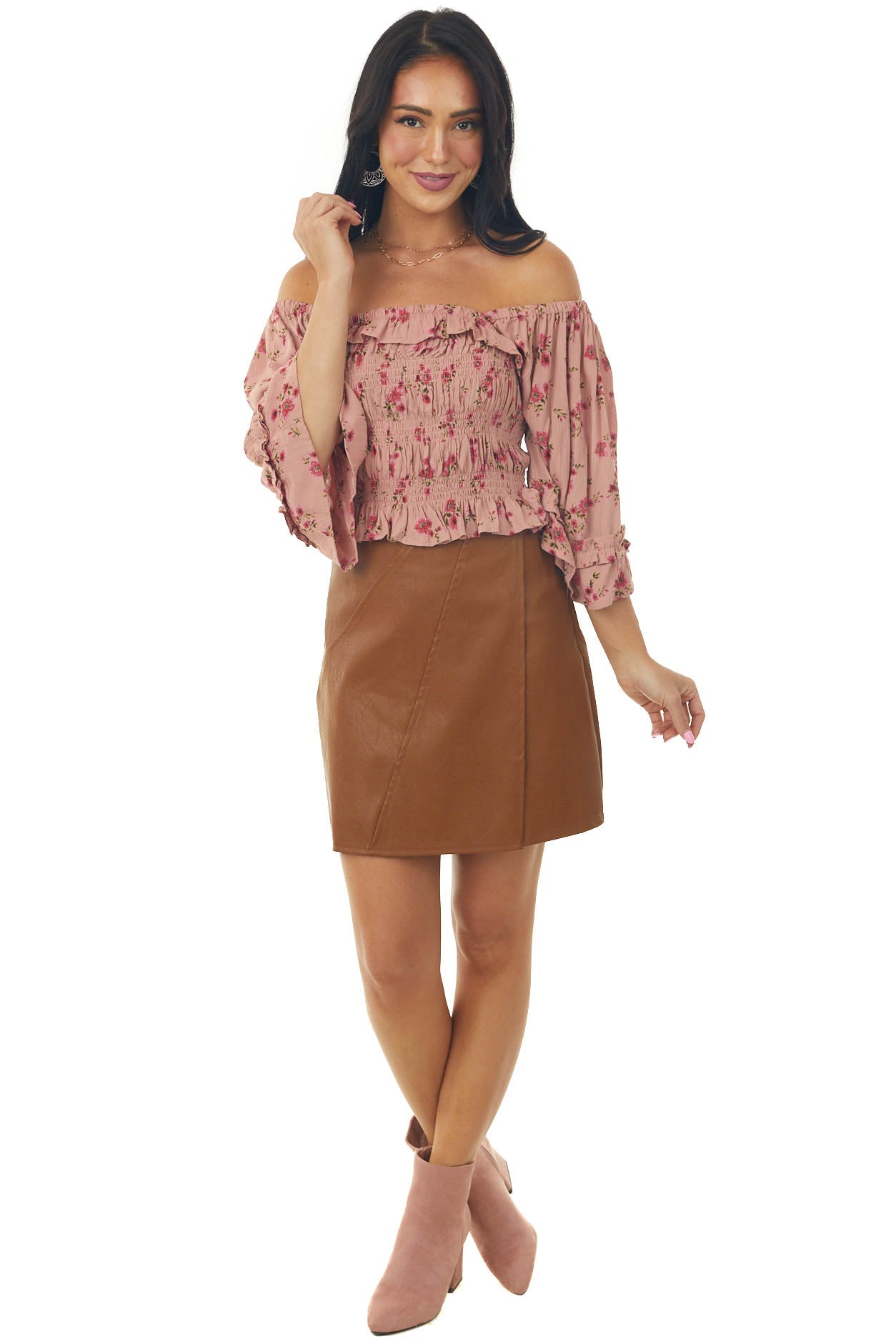 Dusty Rose Floral Print 3/4 Sleeve Smocked Bodice Crop Top