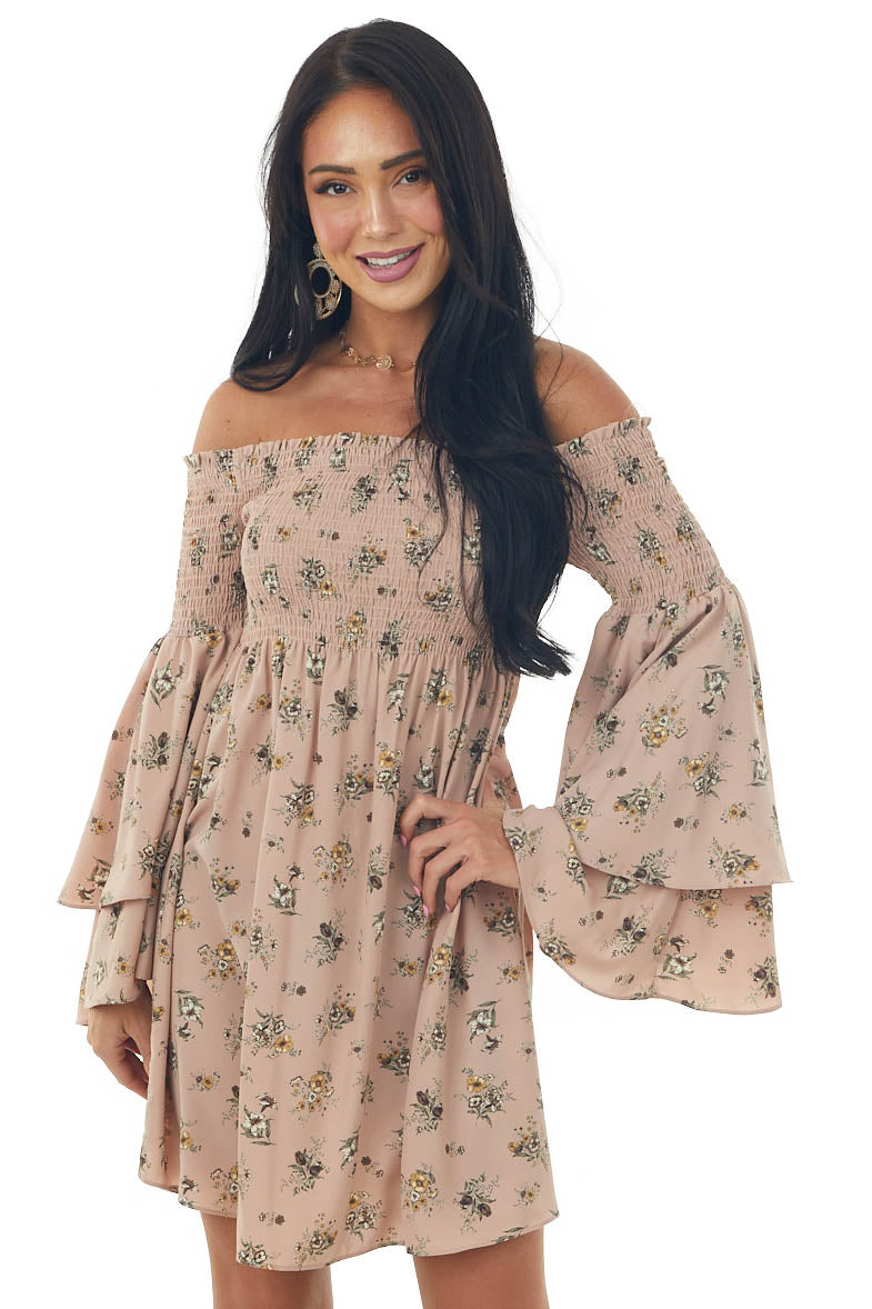 Dusty Rose Floral Print Off the Shoulder Mini Dress