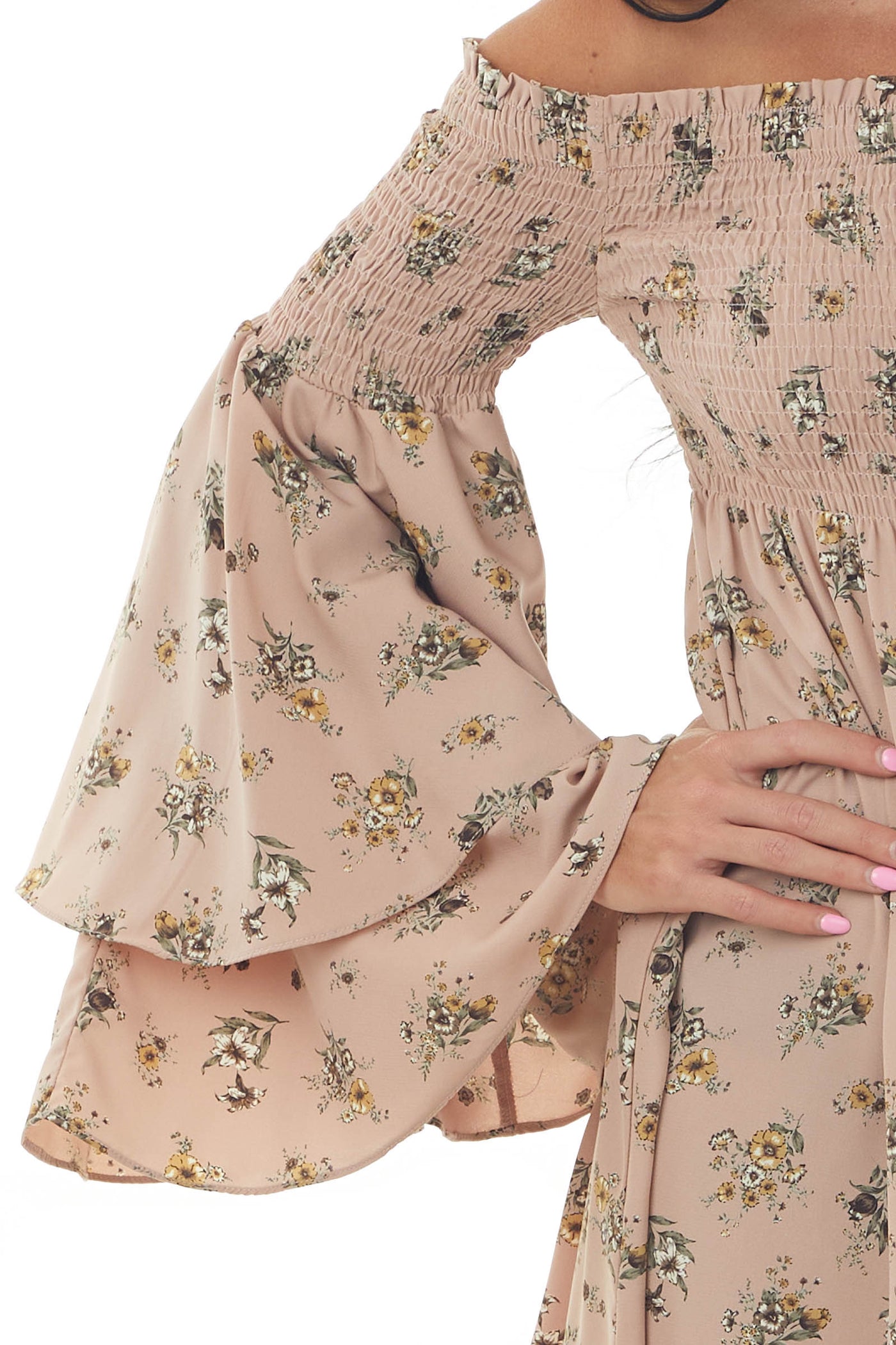 Dusty Rose Floral Print Off the Shoulder Mini Dress