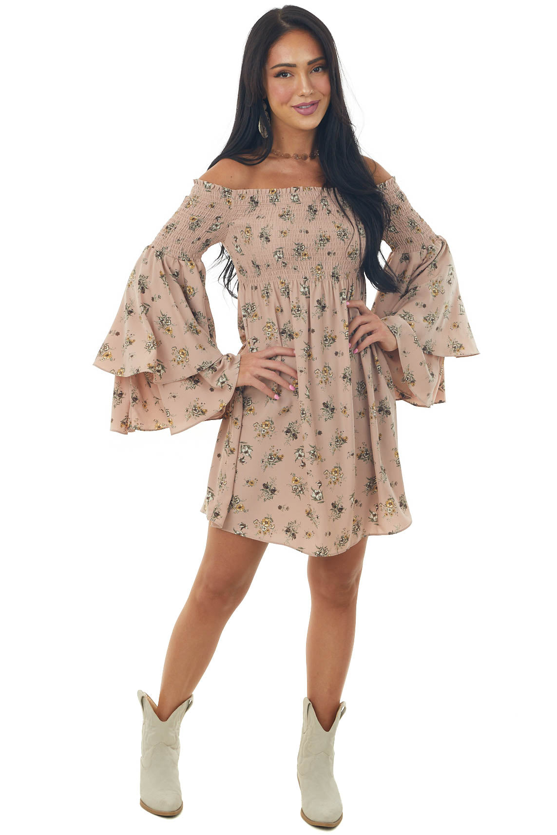 Dusty Rose Floral Print Off the Shoulder Mini Dress